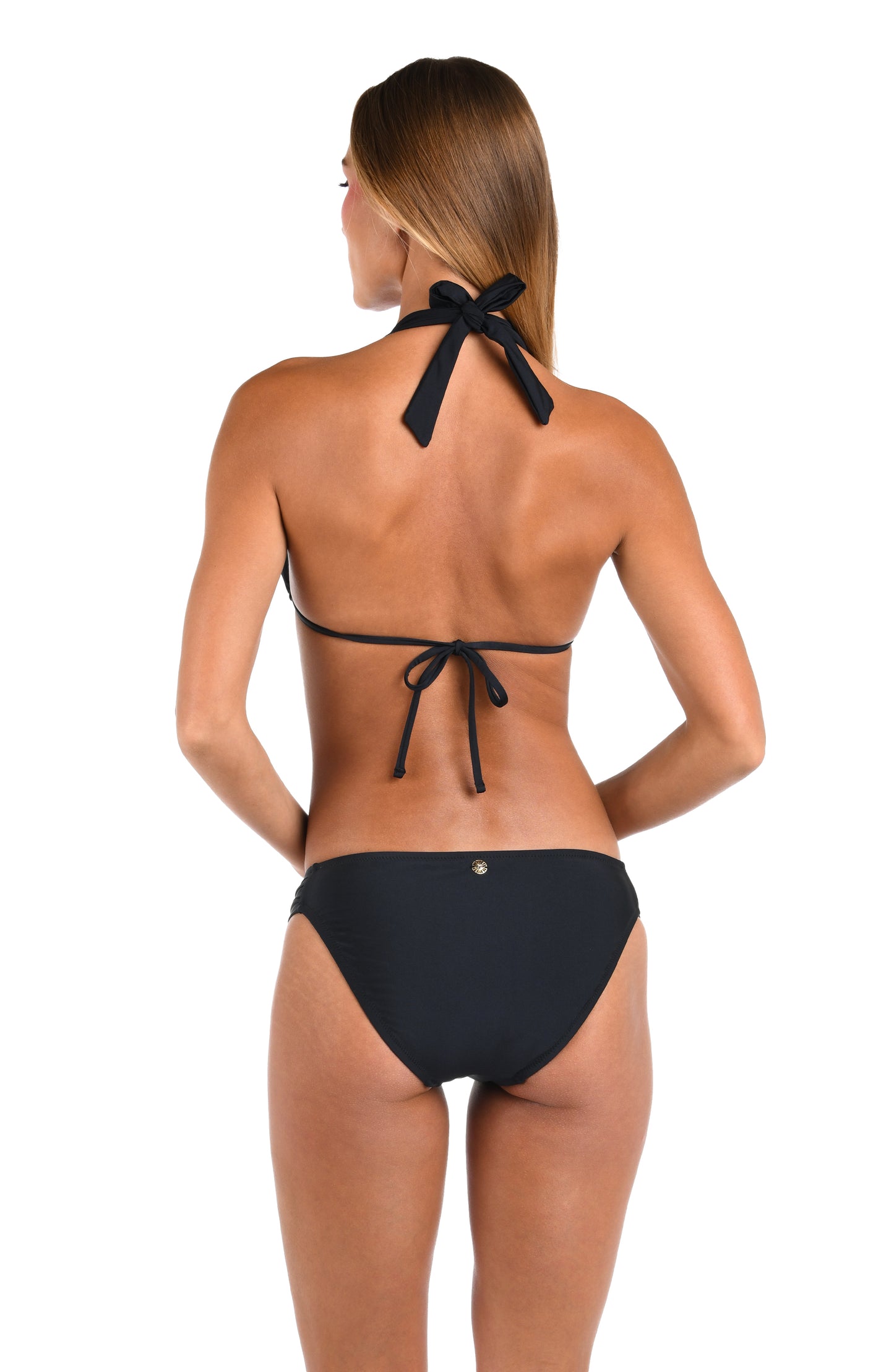 Back image of model wearing the Sunshine 79 Sunshine Solids Halter Triangle Top in Black.