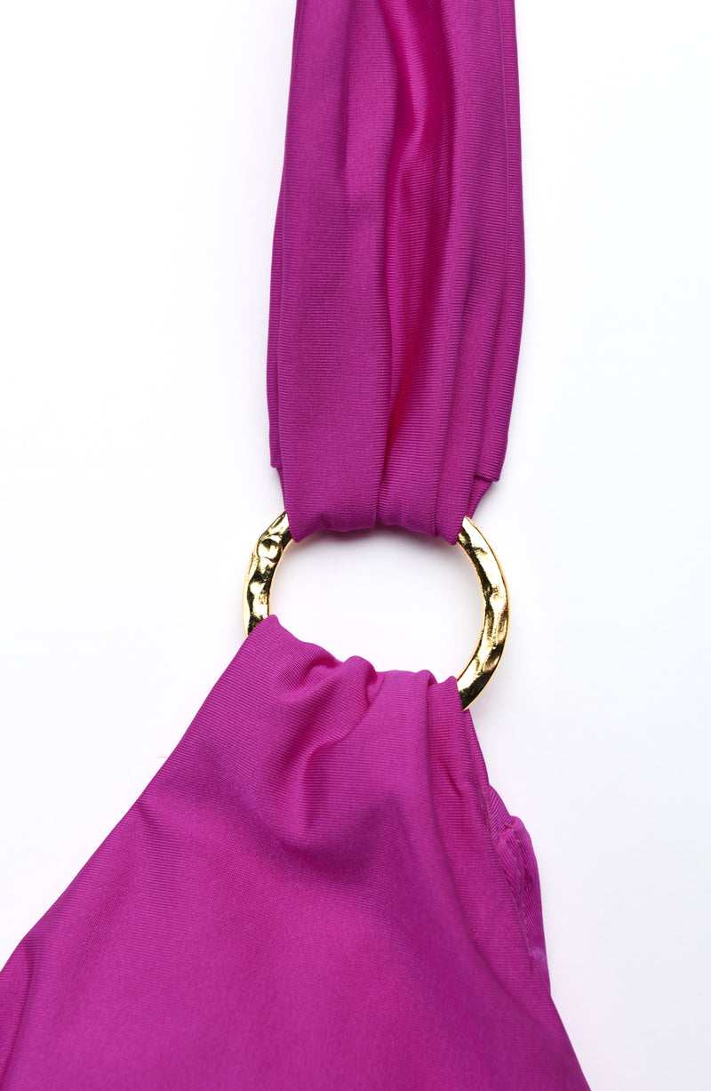 Detail image of the Sunshine 79 Sunshine Solids Halter Triangle Top in Bright Violet.