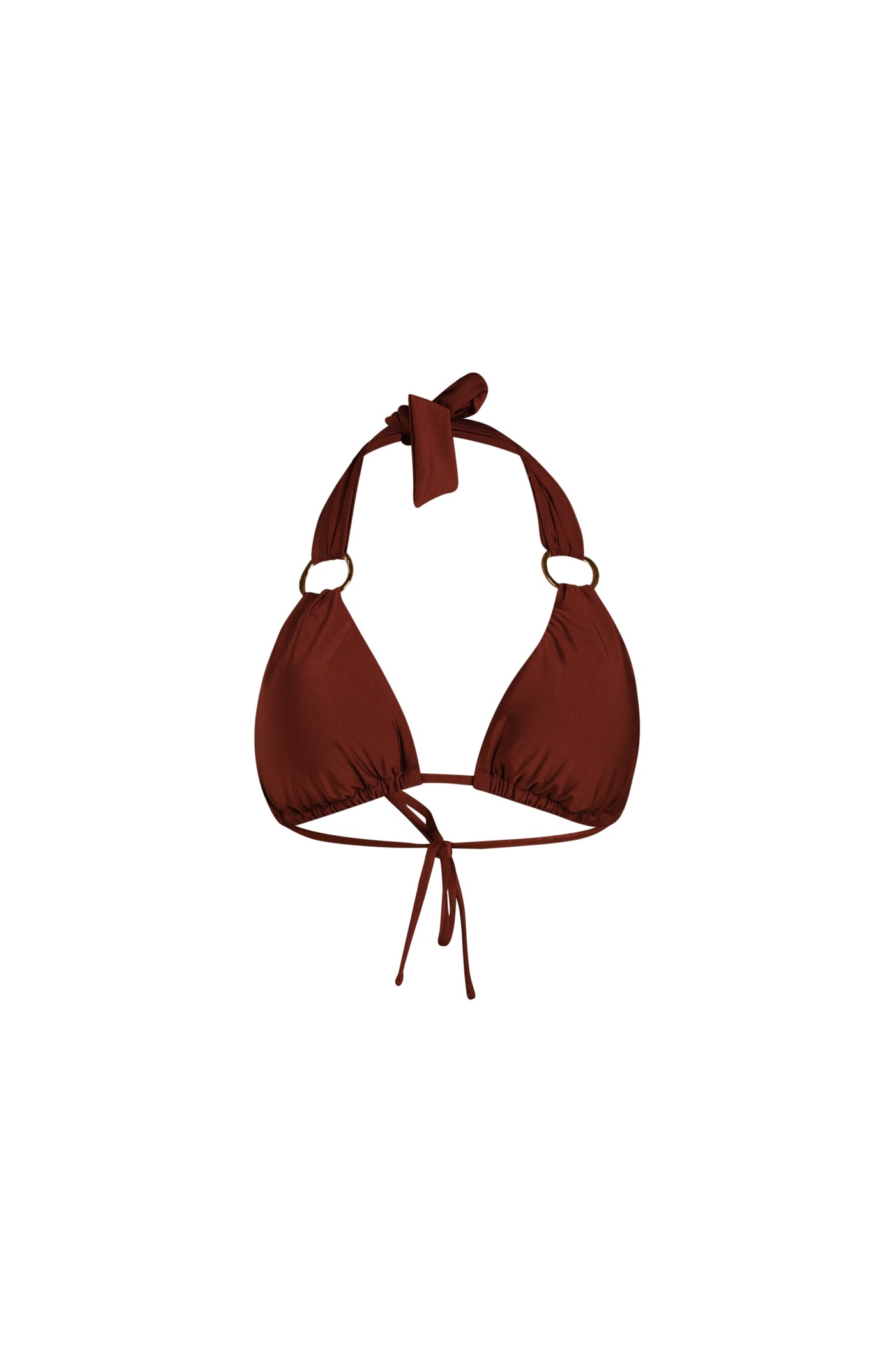 
                  
                    Mahogany bikini top with halter straps on a white background
                  
                