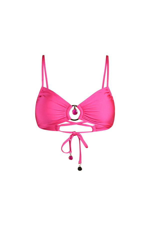 Floating image of a bright pink sweetheart bralette featuring a gold novelty ring in the center. This is paired with matching bikini bottoms. 