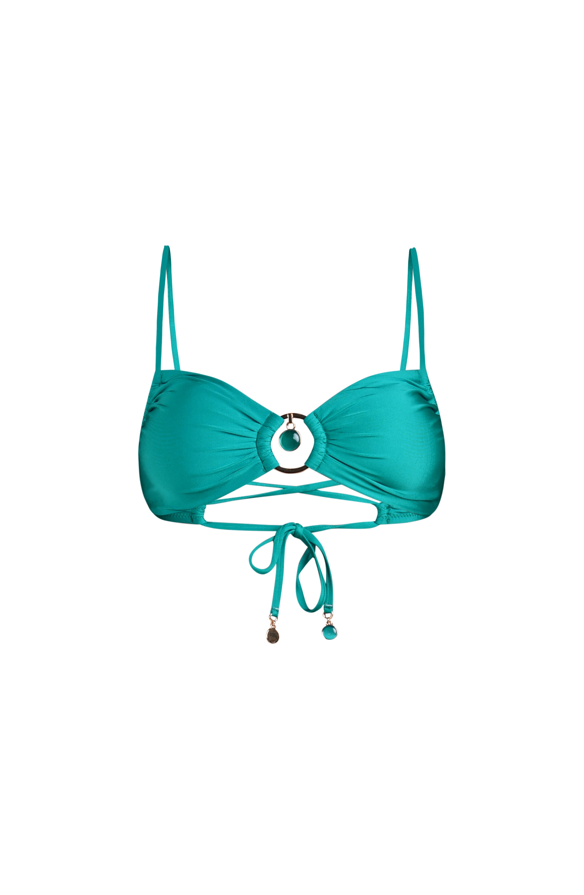 Image of a turquoise bikini on a white background