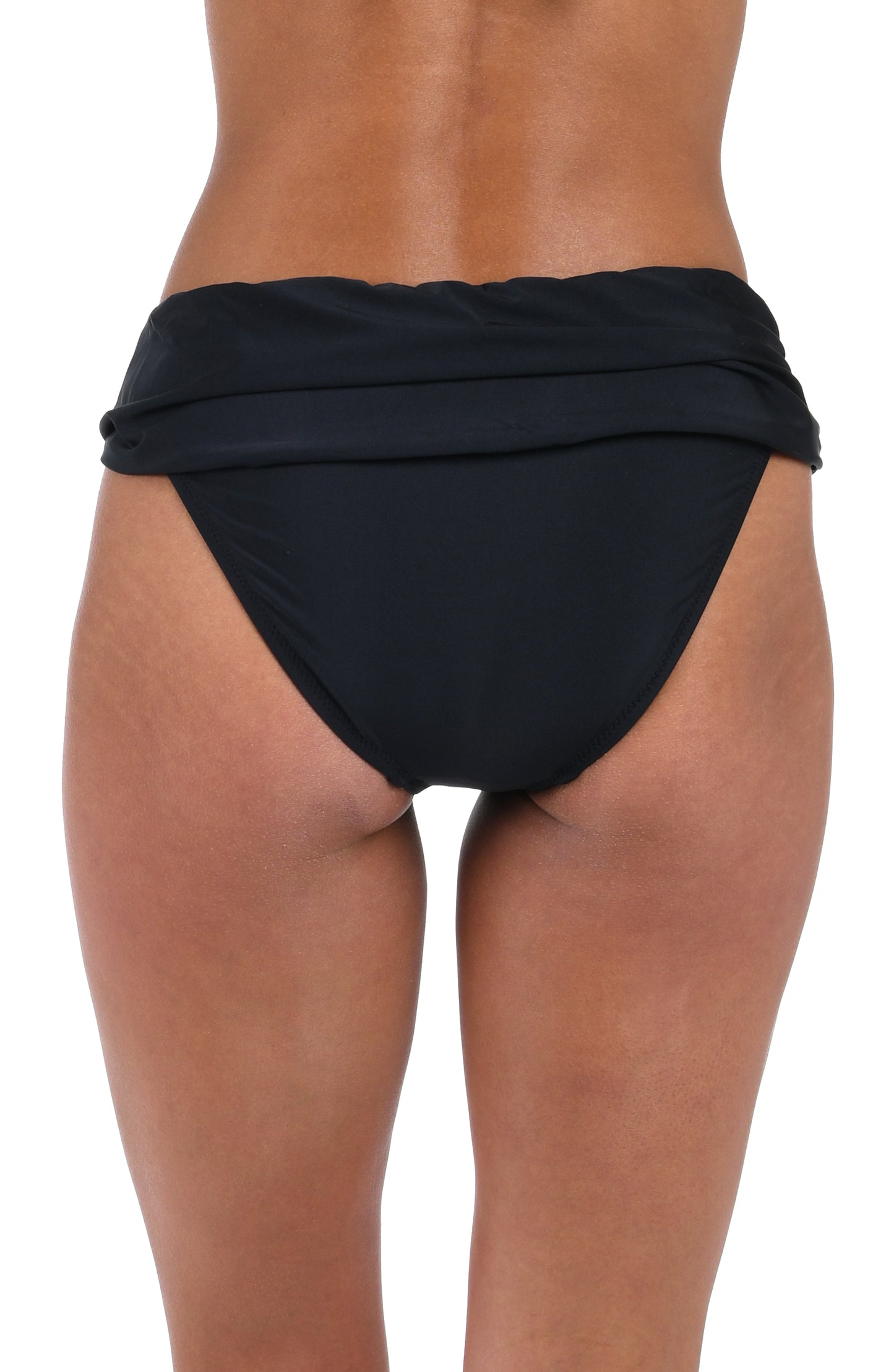 Back image of model wearing the Sunshine 79 Sash Hipster Bottom Solids in Black.