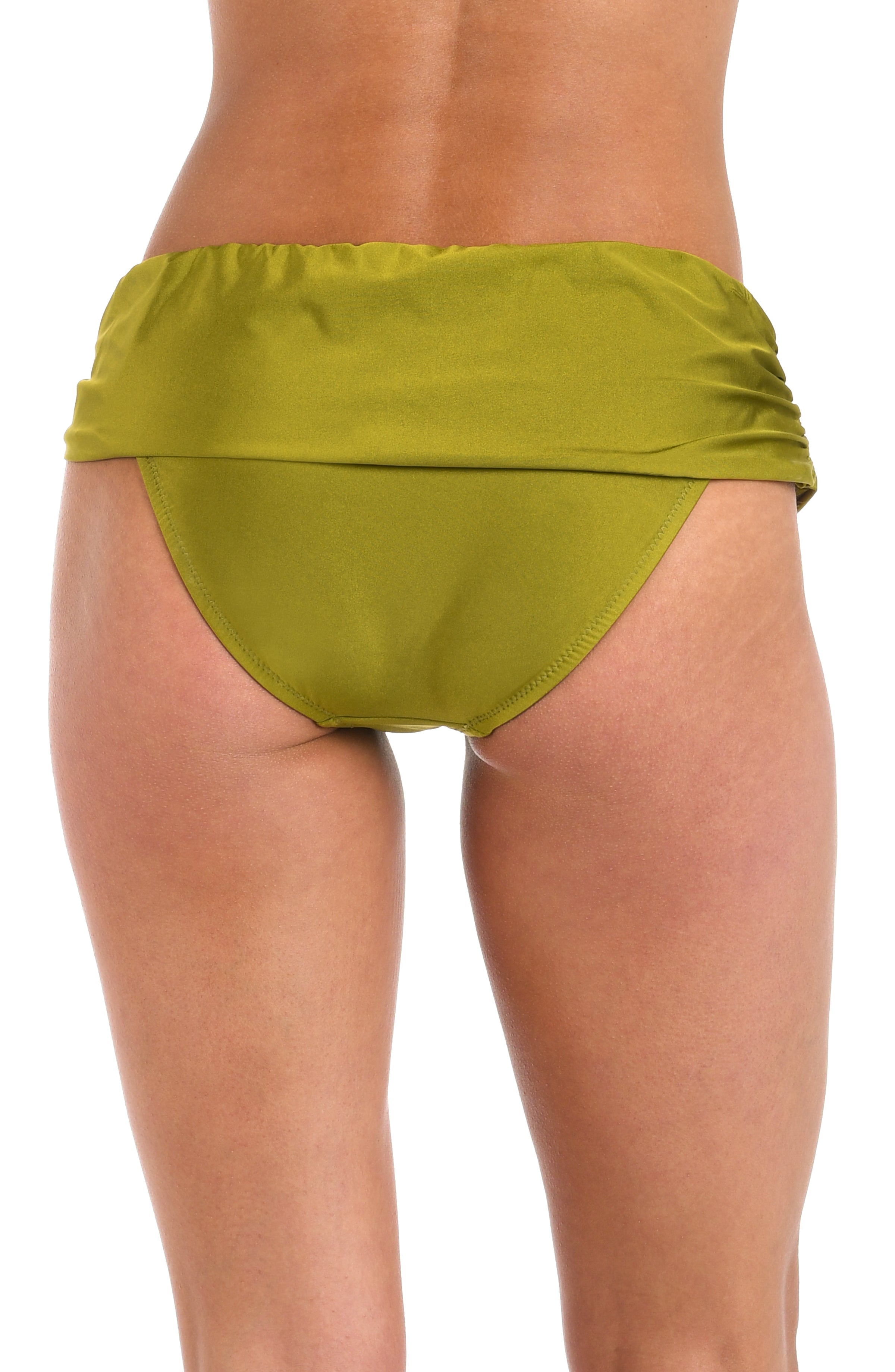 Front image of model wearing a solid olive hipster swimsuit bottom featuring a front sash band and moderate rear coverage. 