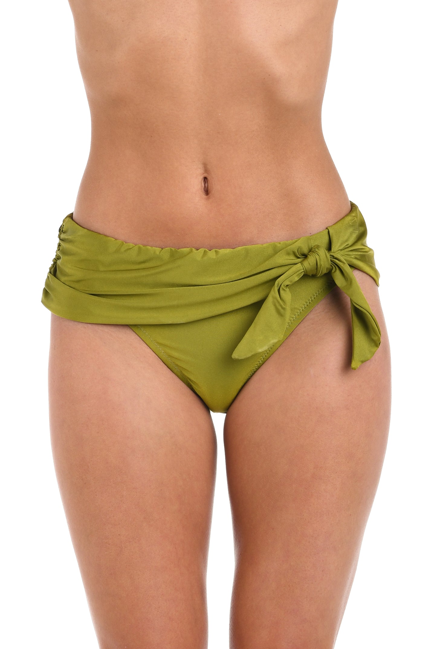 
                  
                    Front image of model wearing a solid olive hipster swimsuit bottom featuring a front sash band and moderate rear coverage. 
                  
                