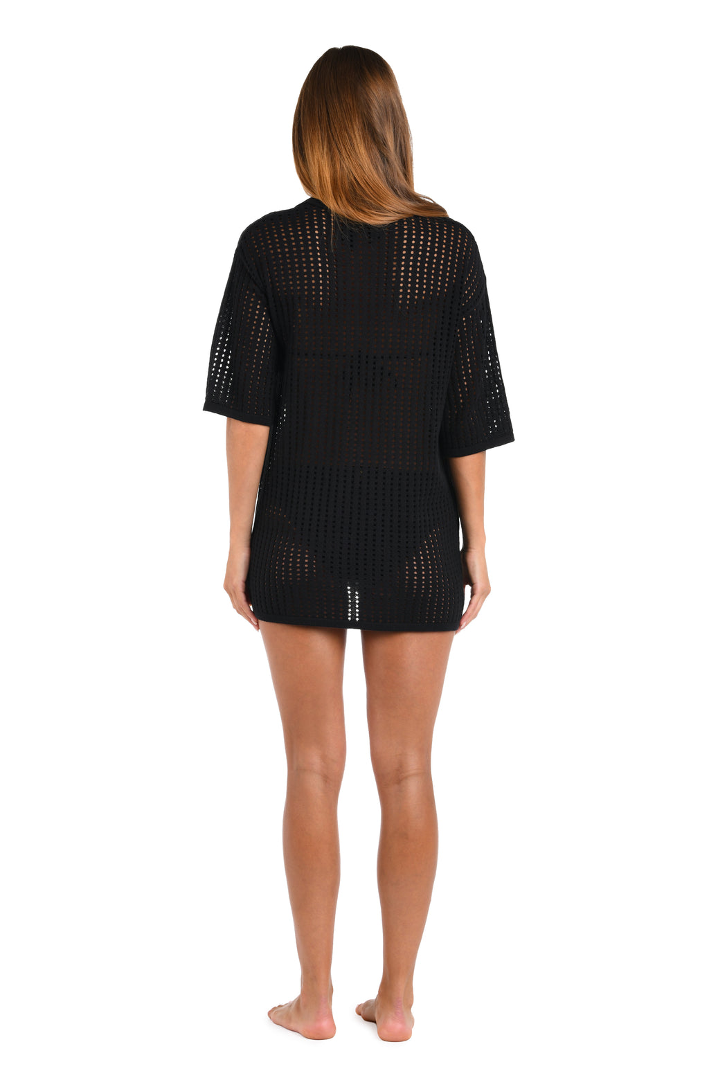 Back image of model wearing the Sunshine 79 Resort Crochet Covers V-Neck Tunic.