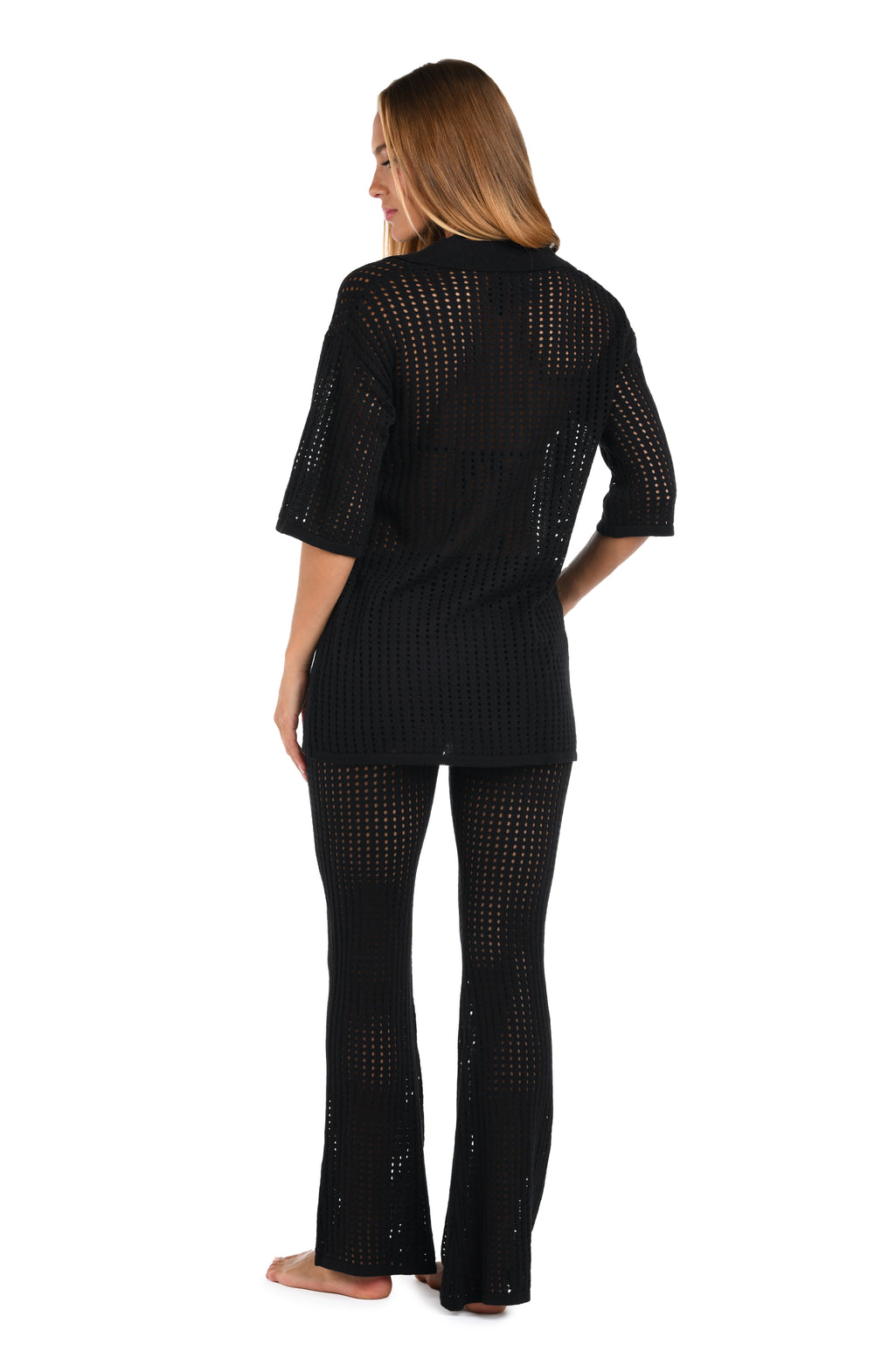 Back image of model wearing the Sunshine 79 Resort Crochet Covers V-Neck Tunic.