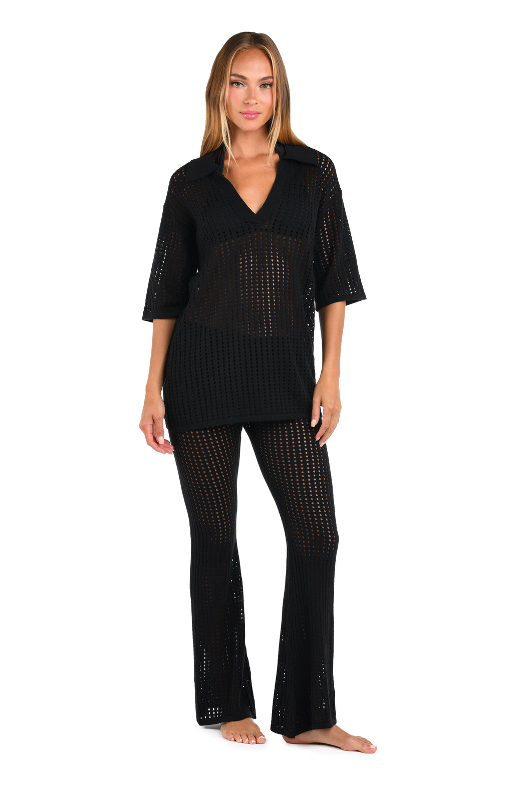 Front image of model wearing the Sunshine 79 Resort Crochet Covers V-Neck Tunic.