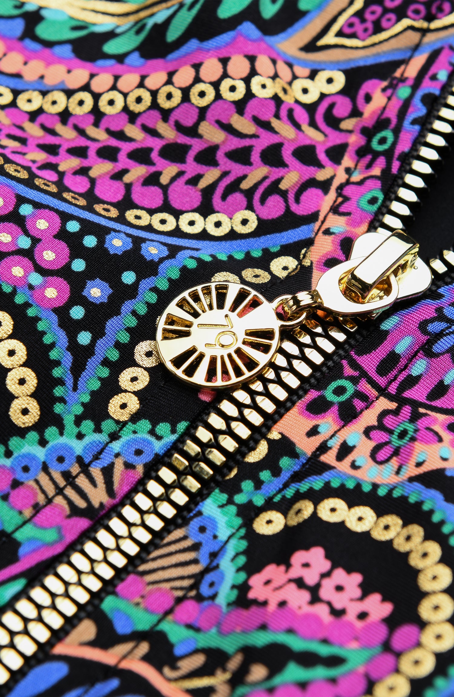 Detail image of Sunshine 79 Disco Dream Paddlesuit One Piece zipper and charm.