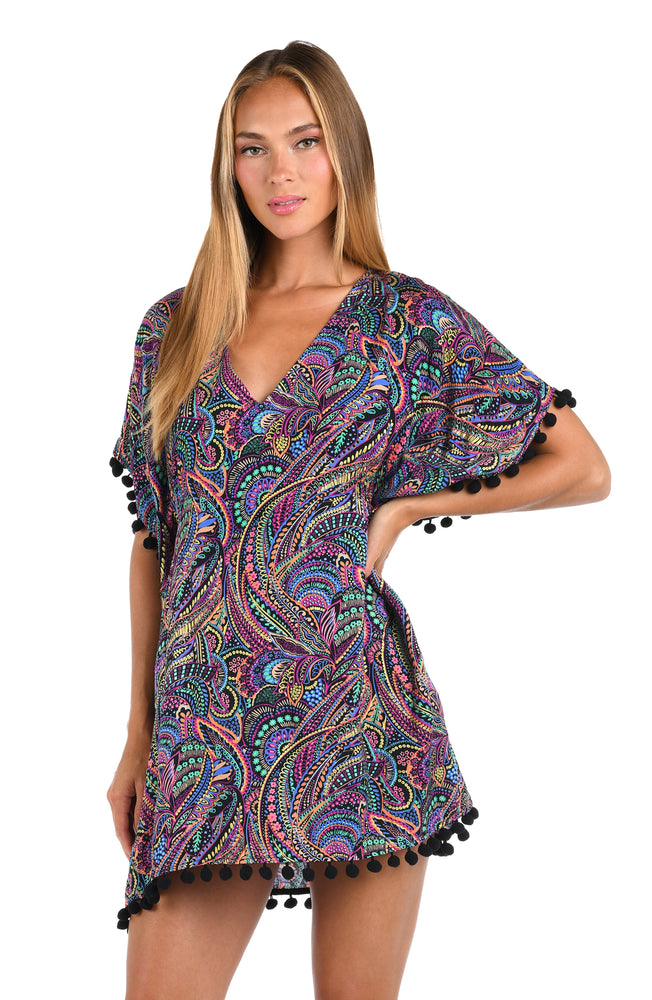 Front image of model wearing a Sunshine 79 Disco Dream V-Neck Caftan.