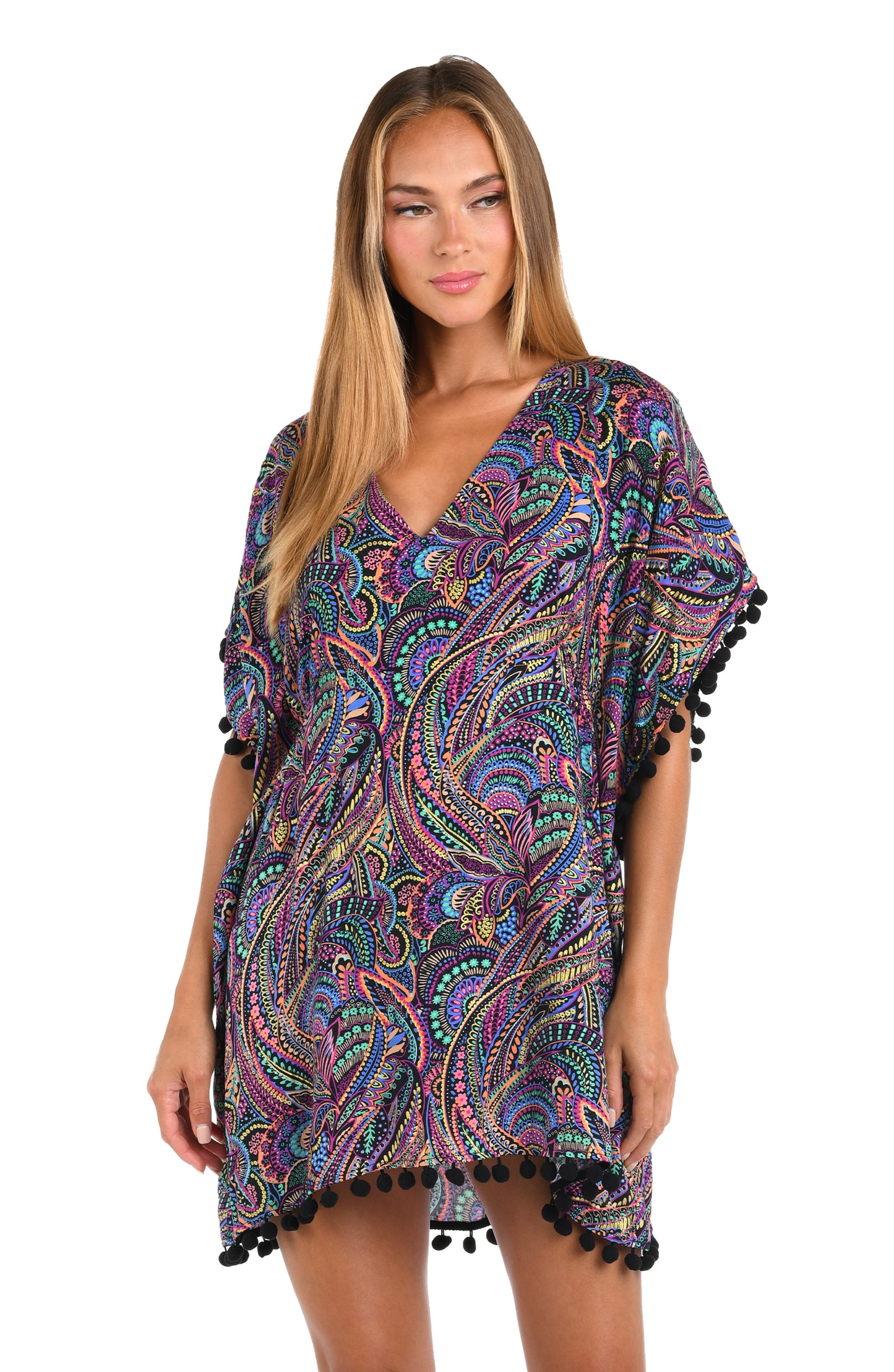 Front image of model wearing a Sunshine 79 Disco Dream V-Neck Caftan.