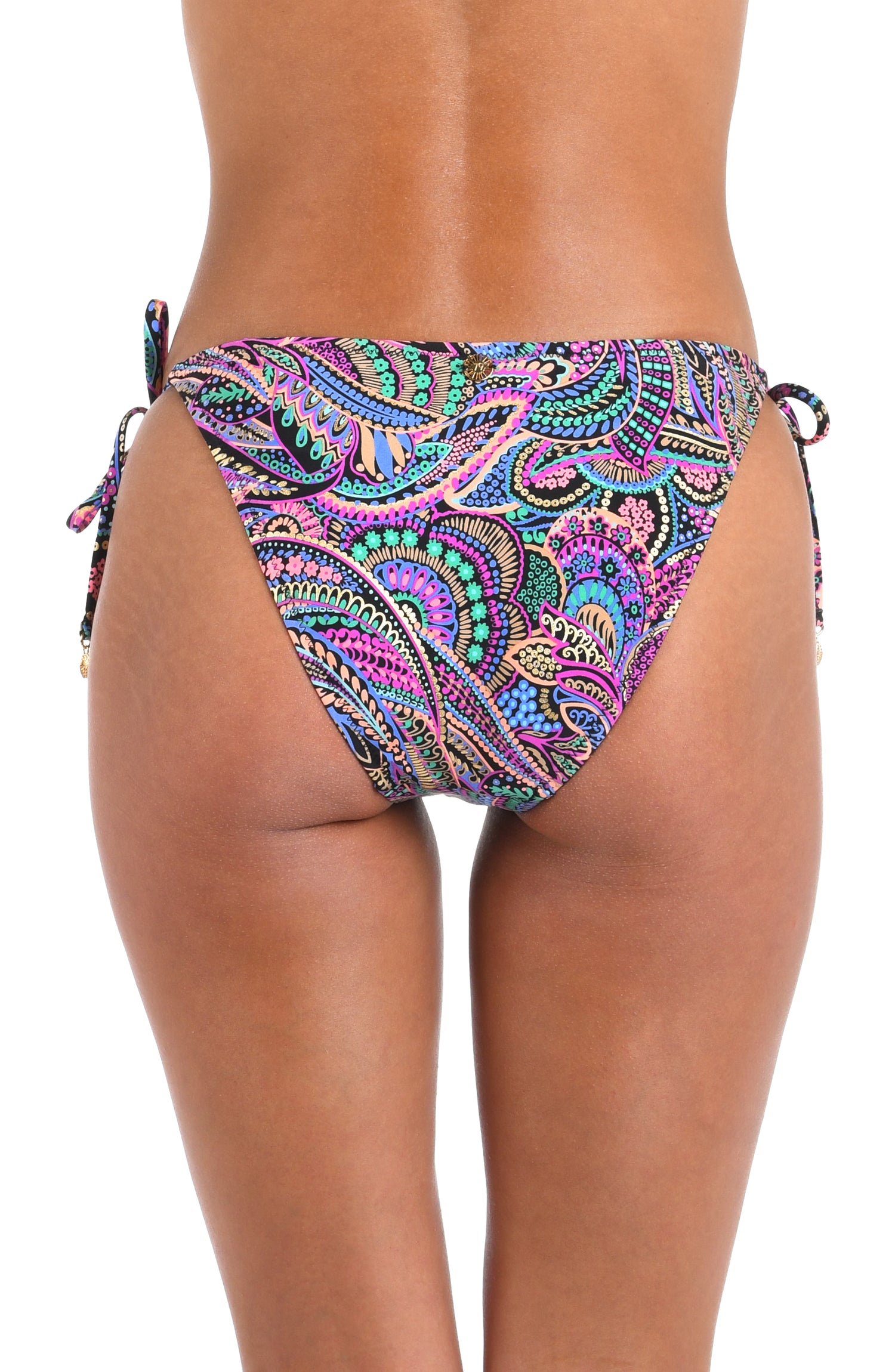 Back image of model wearing a Sunshine 79 Disco Dream Side-Tie Hipster Bottom.