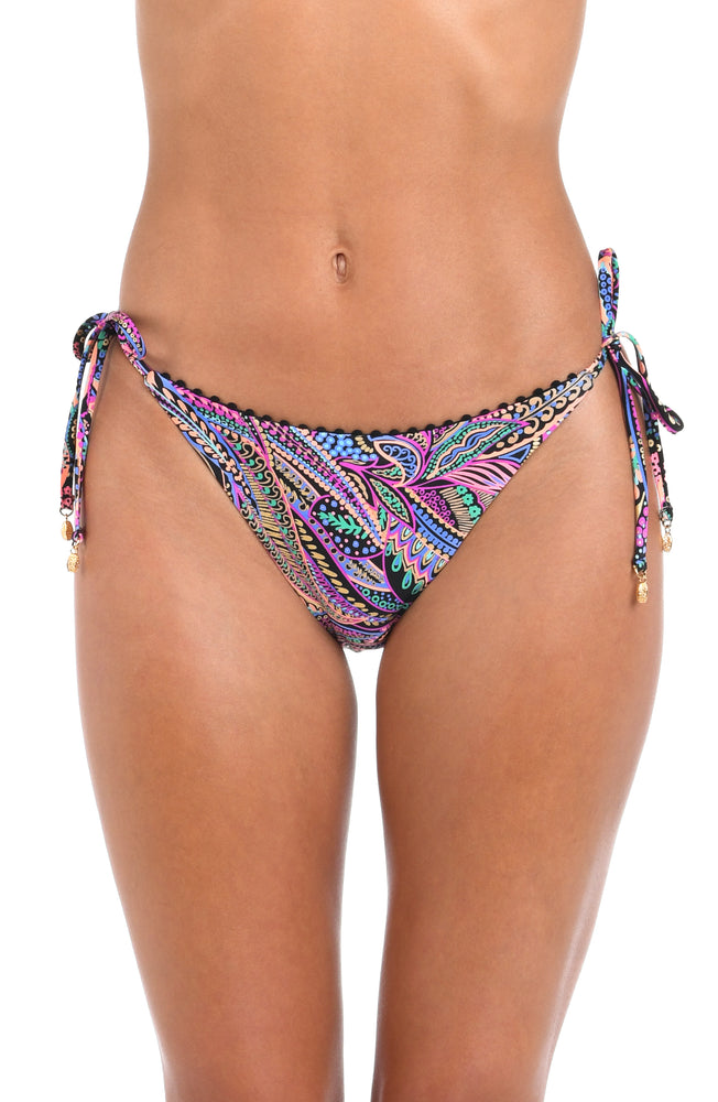 Front image of model wearing a Sunshine 79 Disco Dream Side-Tie Hipster Bottom.