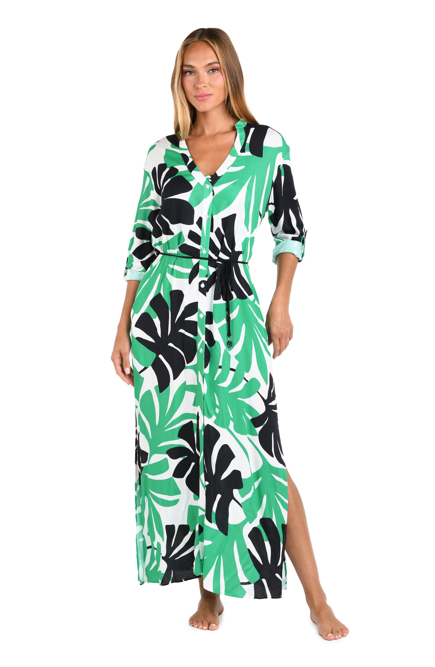 Front image of model wearing the Sunshine 79 Monstera Button Up Maxi Dress.