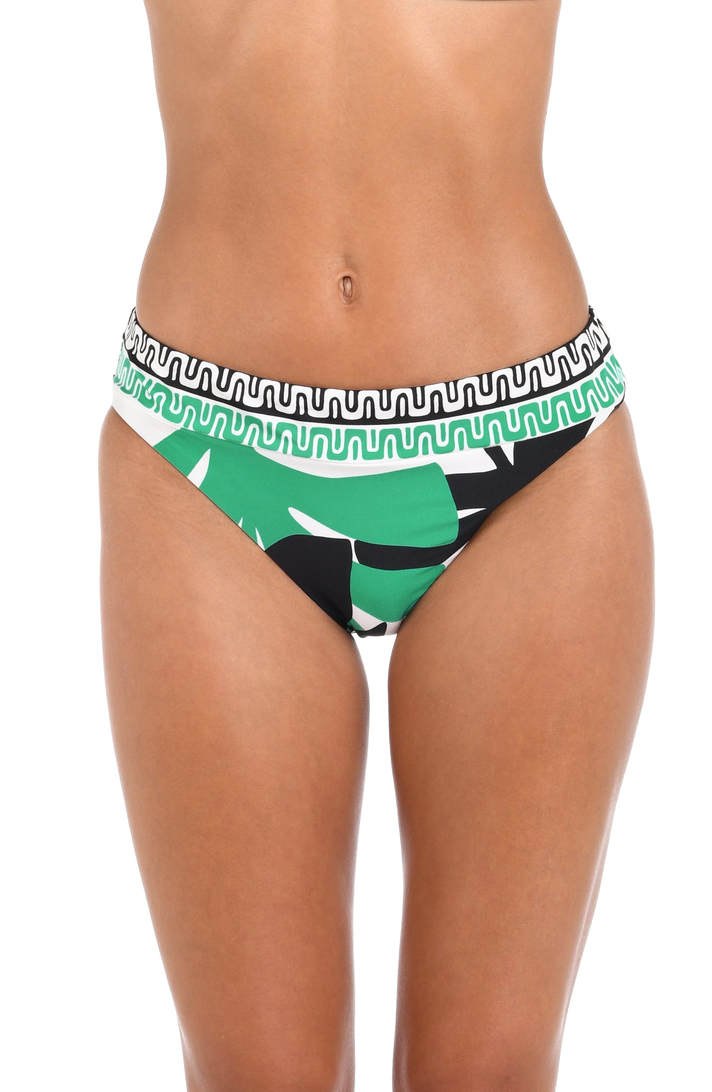 Front image of model wearing a Sunshine 79 Monstera Hipster Bottom.