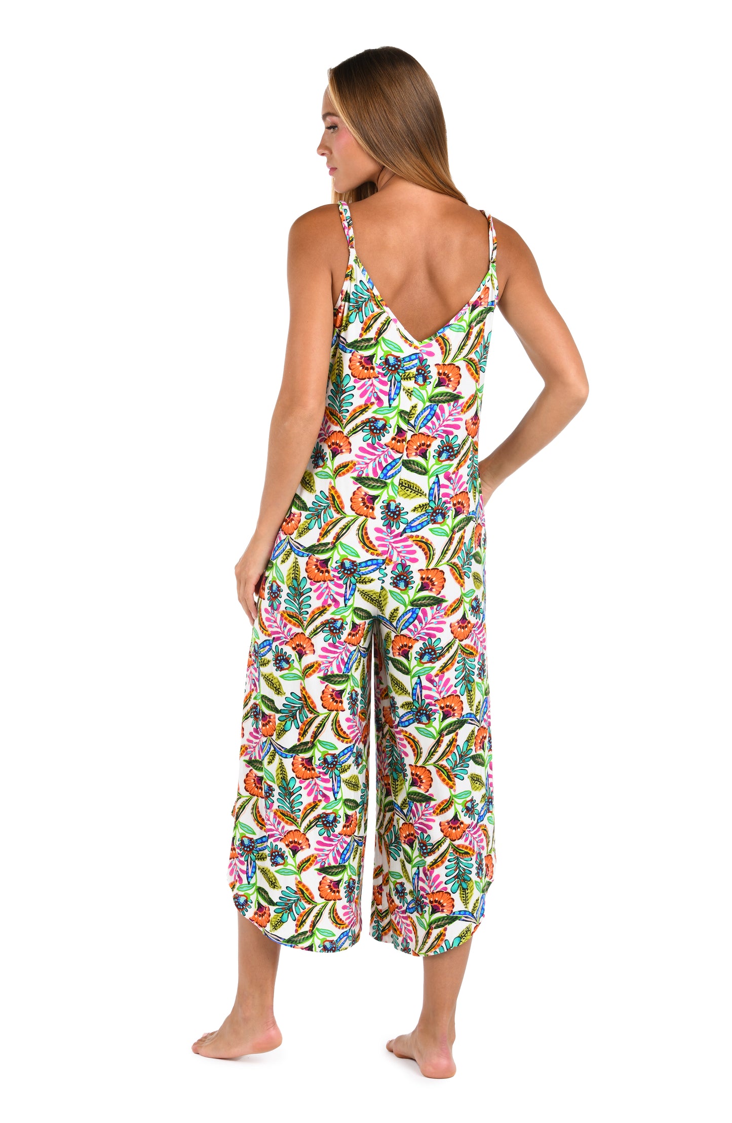 Back image of model wearing the Sunshine 79 Jungle Jive Jumpsuit Cover Up.