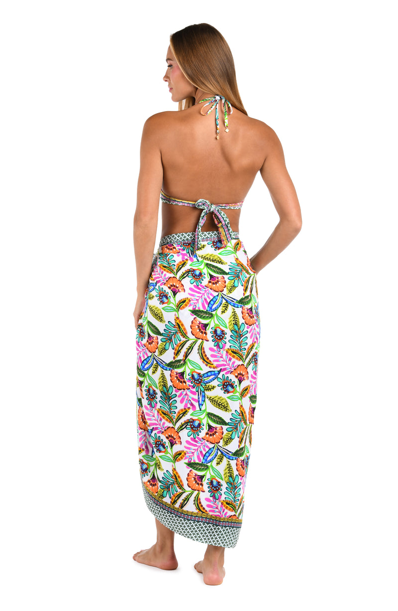 Back image of model wearing the Sunshine 79 Jungle Jive Pareo Wrap.