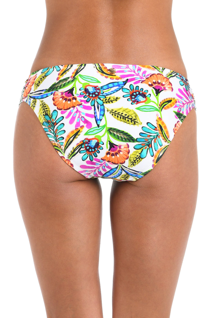 Back image of model wearing the Sunshine 79 Jungle Jive Side Shirred Hipster Bottom.