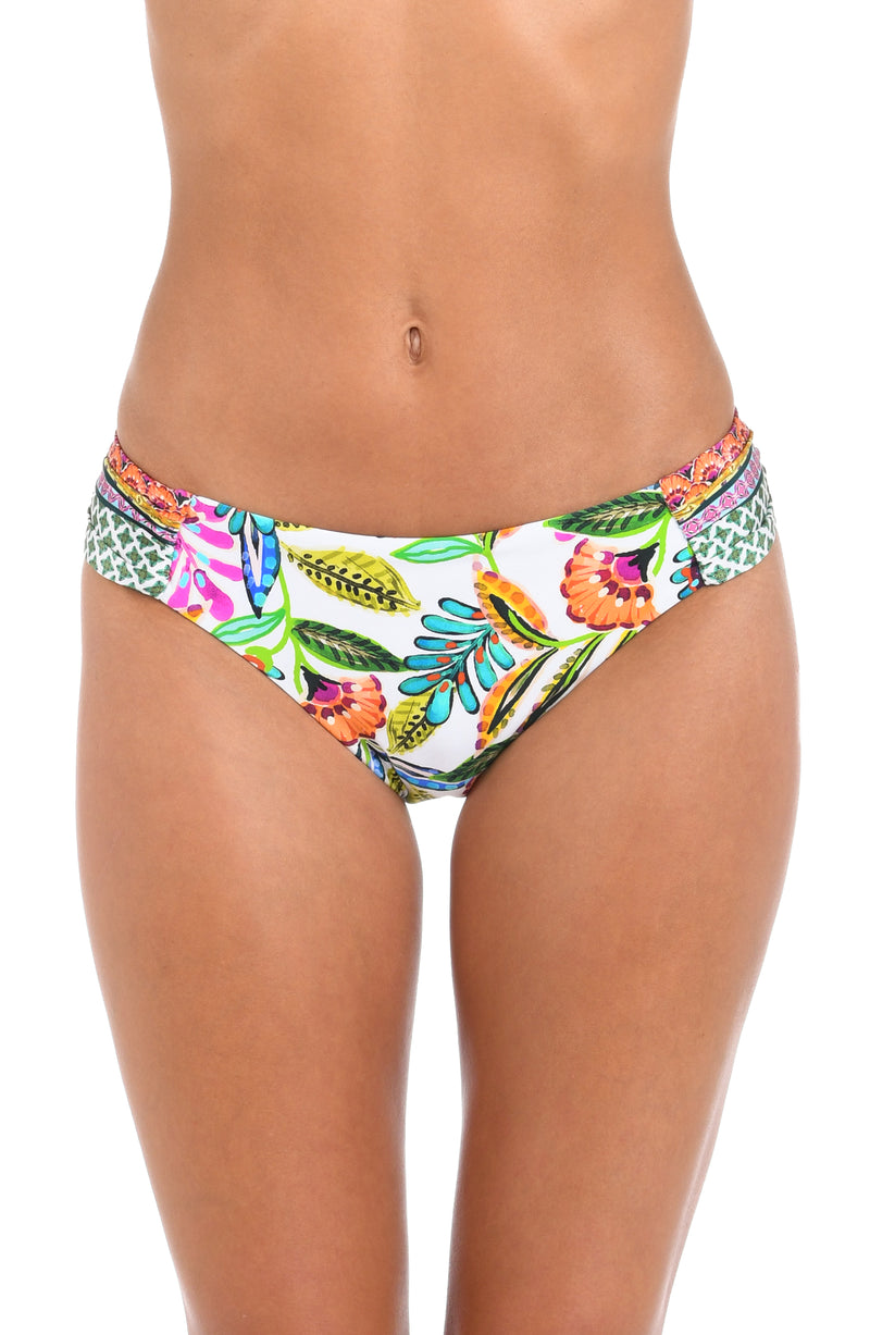 Front image of model wearing the Sunshine 79 Jungle Jive Side Shirred Hipster Bottom.