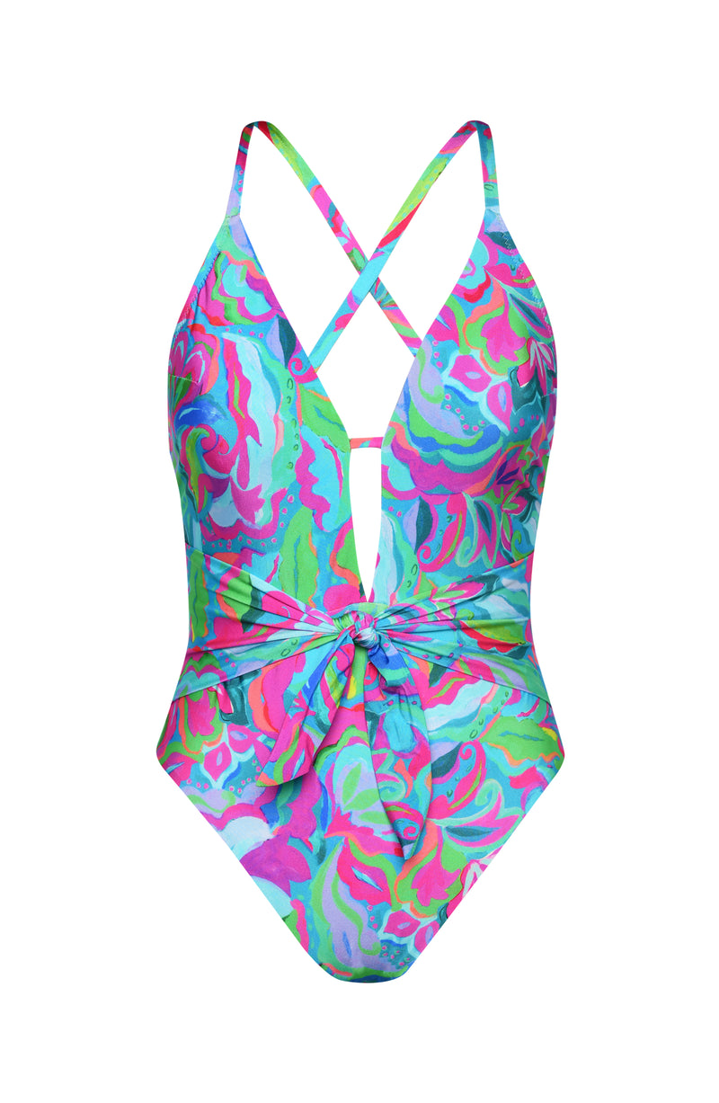 Image of the Sunshine 79 Swirltopia V-Plunge One Piece.