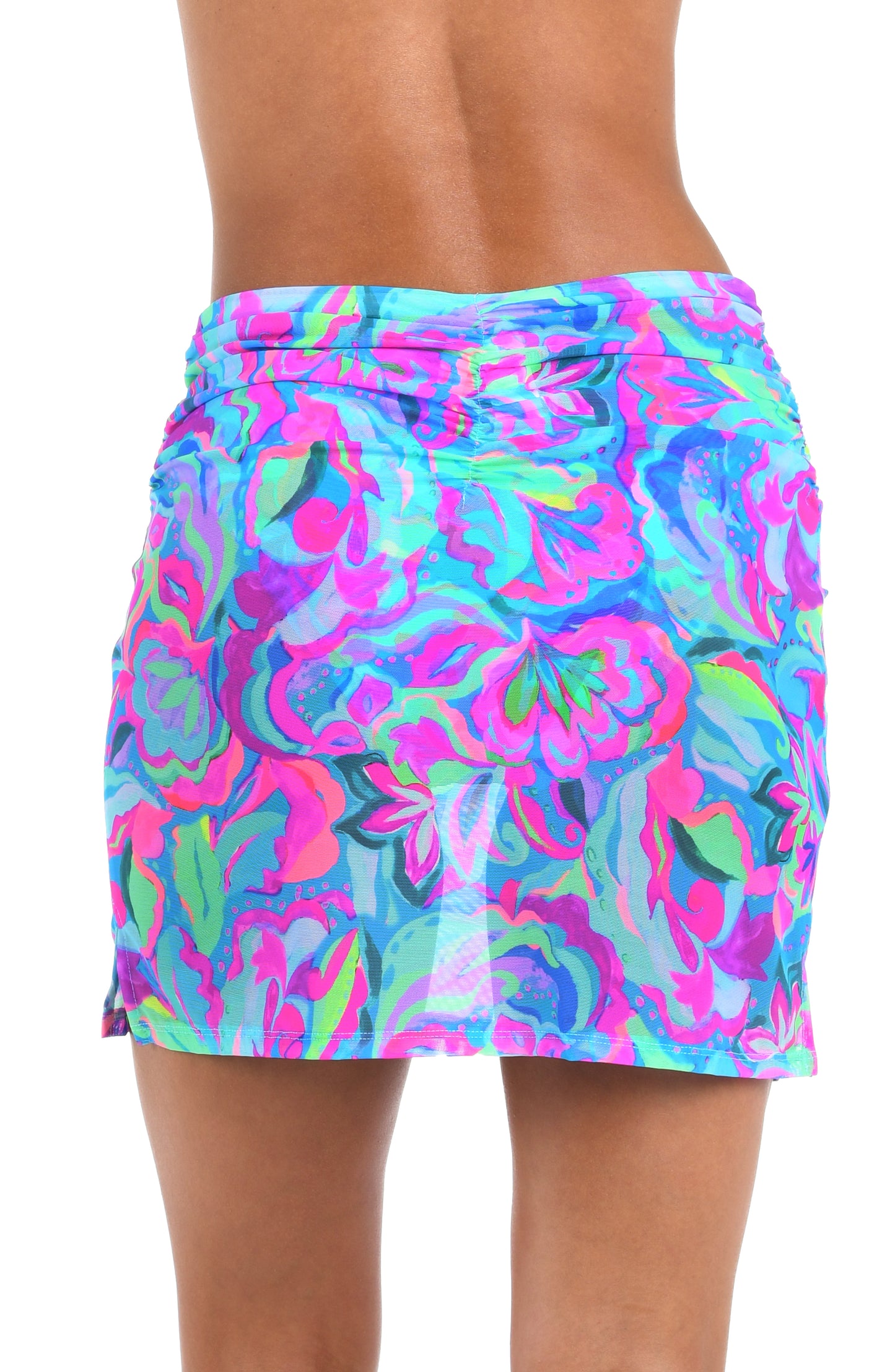 Back image of model wearing the Sunshine 79 Swirltopia Pull-On Short Skirt.