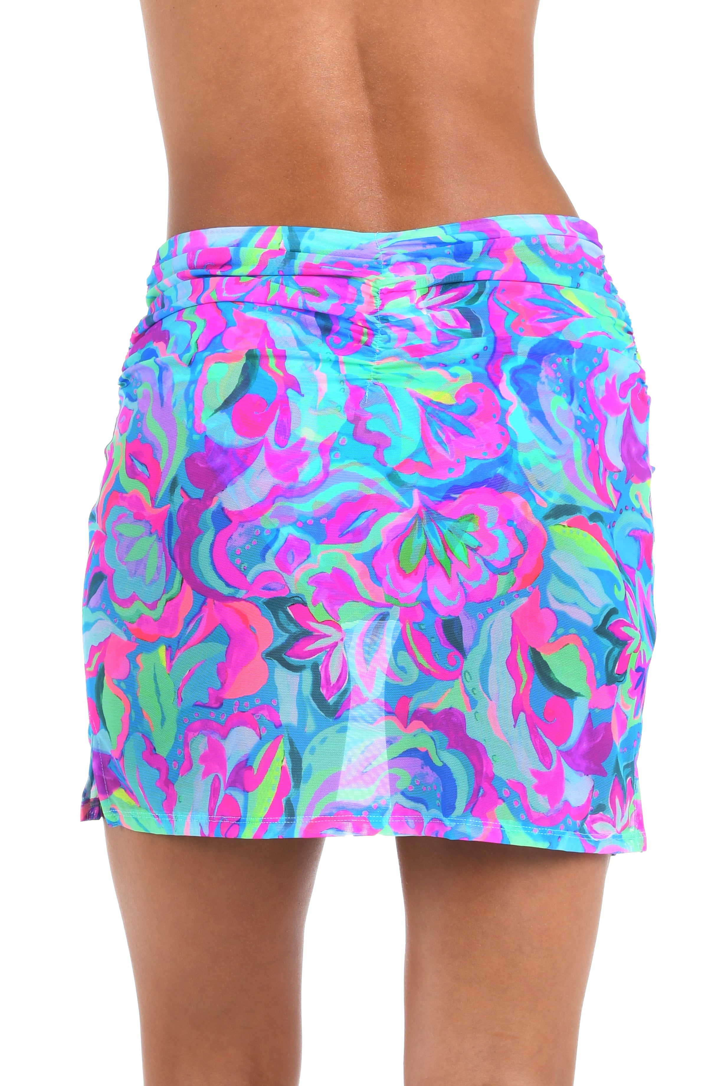 Back image of model wearing the Sunshine 79 Swirltopia Pull-On Short Skirt.