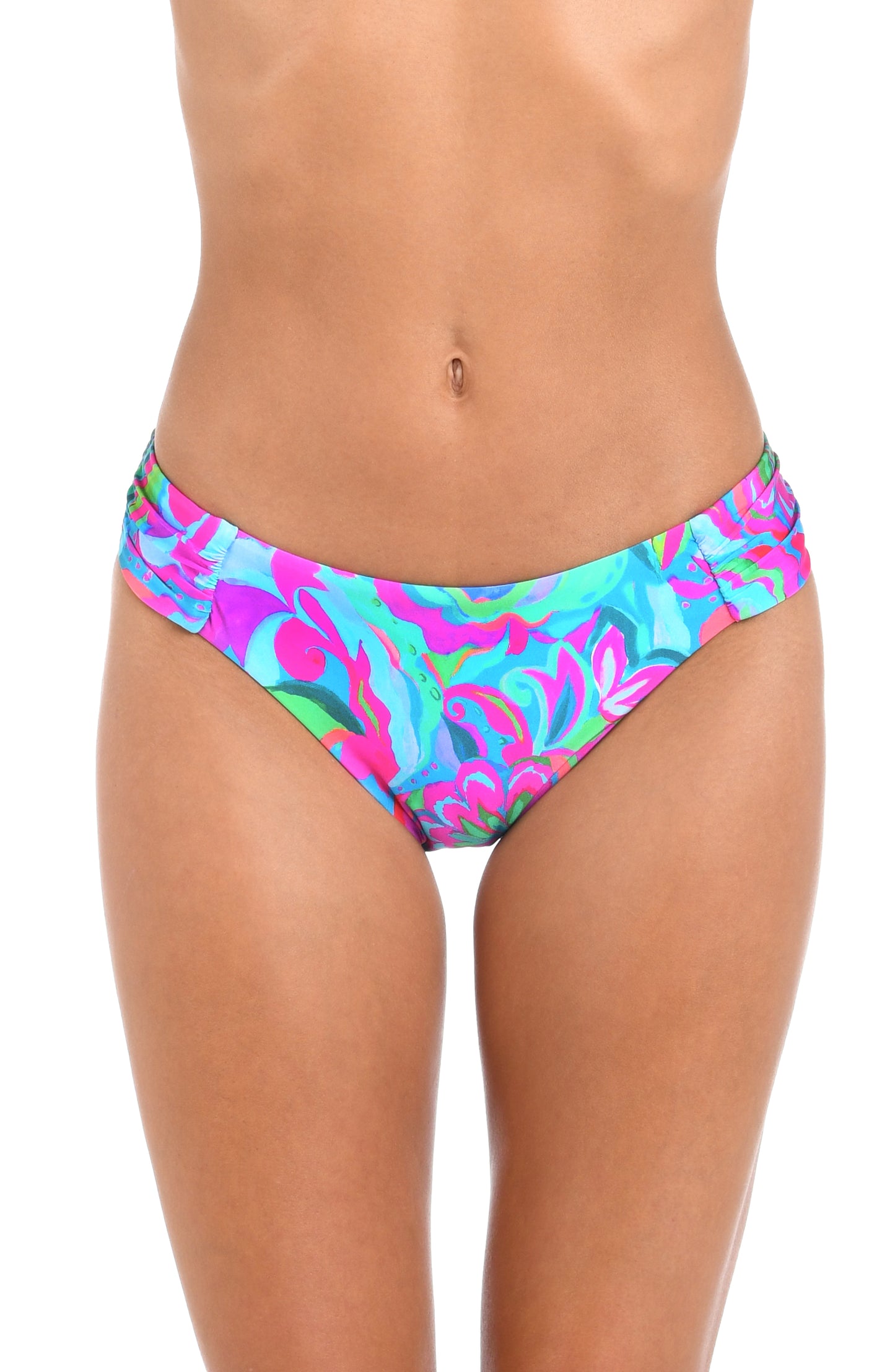 Front image of model wearing the Sunshine 79 Swirltopia Side Shirred Hipster Bottom.