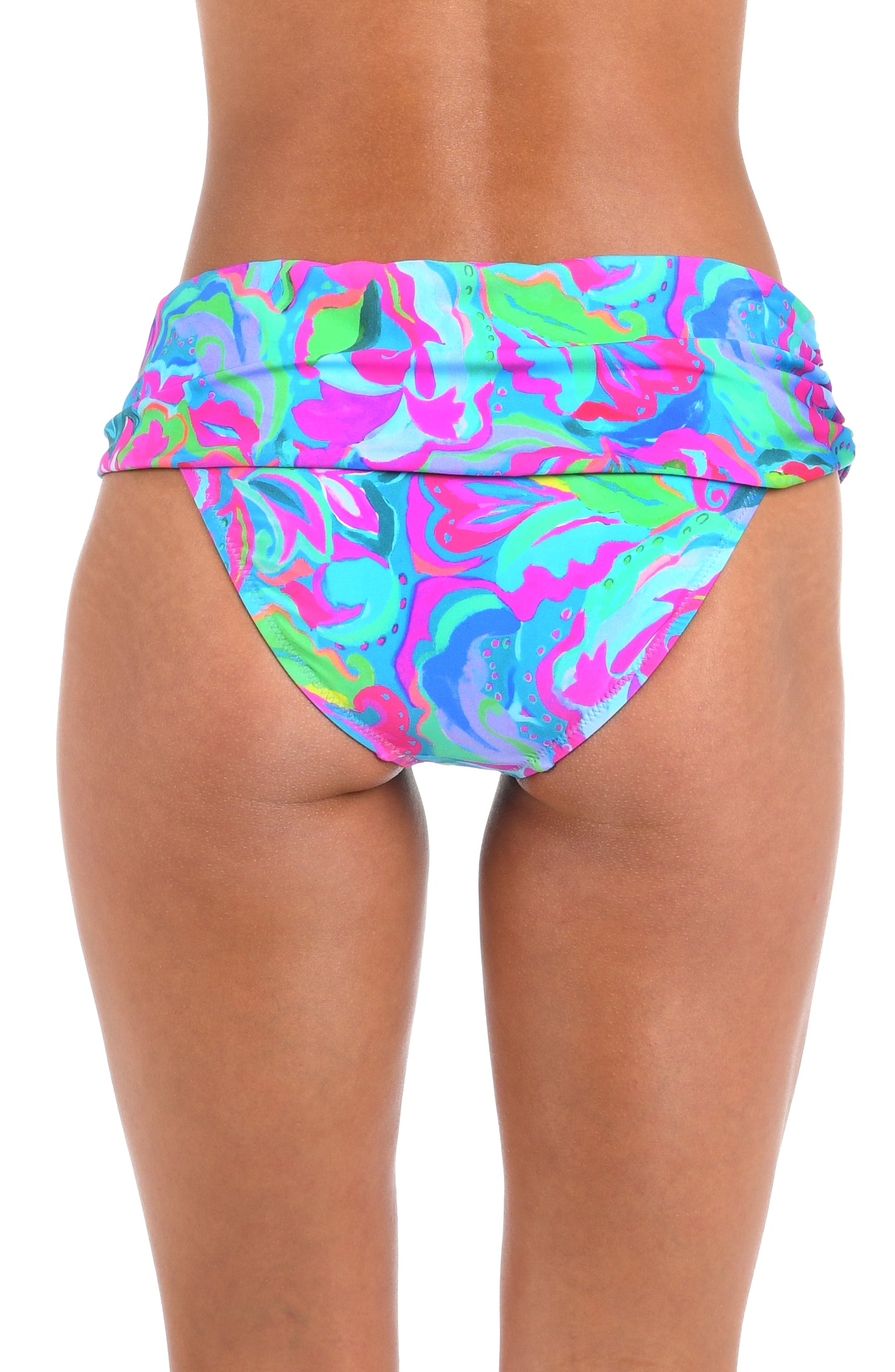 Back image of model wearing the Sunshine 79 Swirltopia Sash Hipster Bottom.