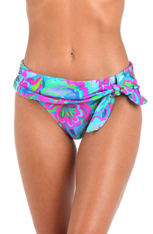 Front image of model wearing the Sunshine 79 Swirltopia Sash Hipster Bottom.