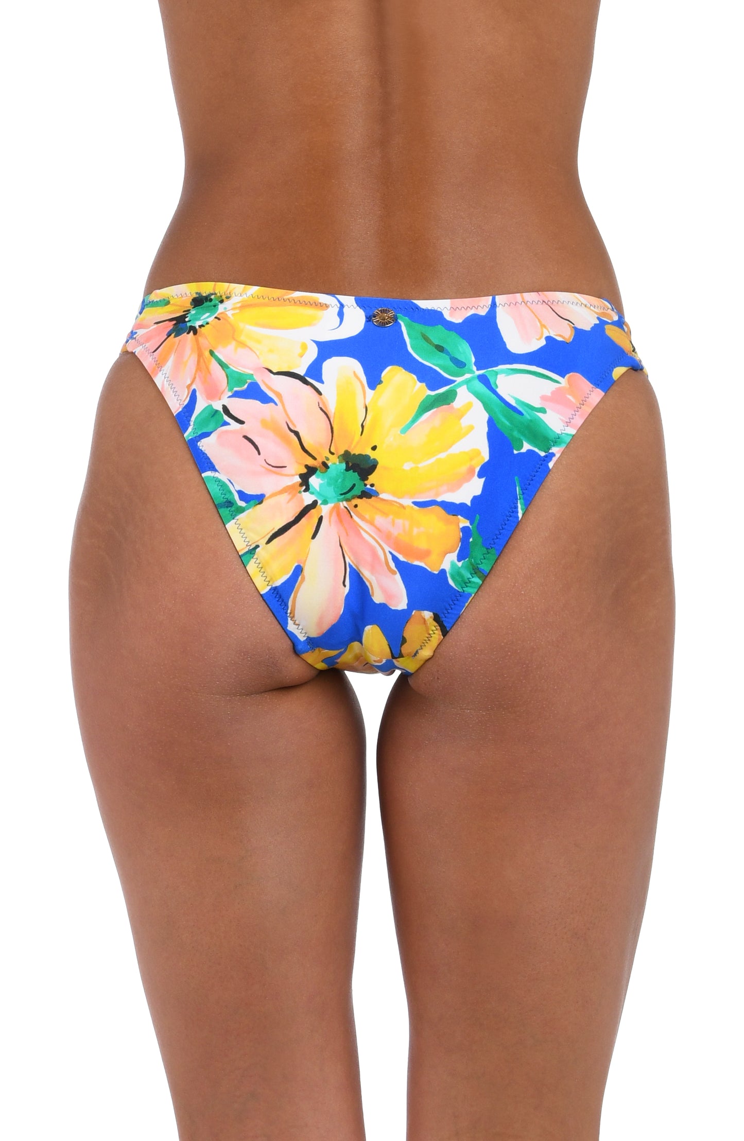 Back image of model wearing the Sunflower Getaway French Cut Bikini Bottom in a multi colored tropical print.