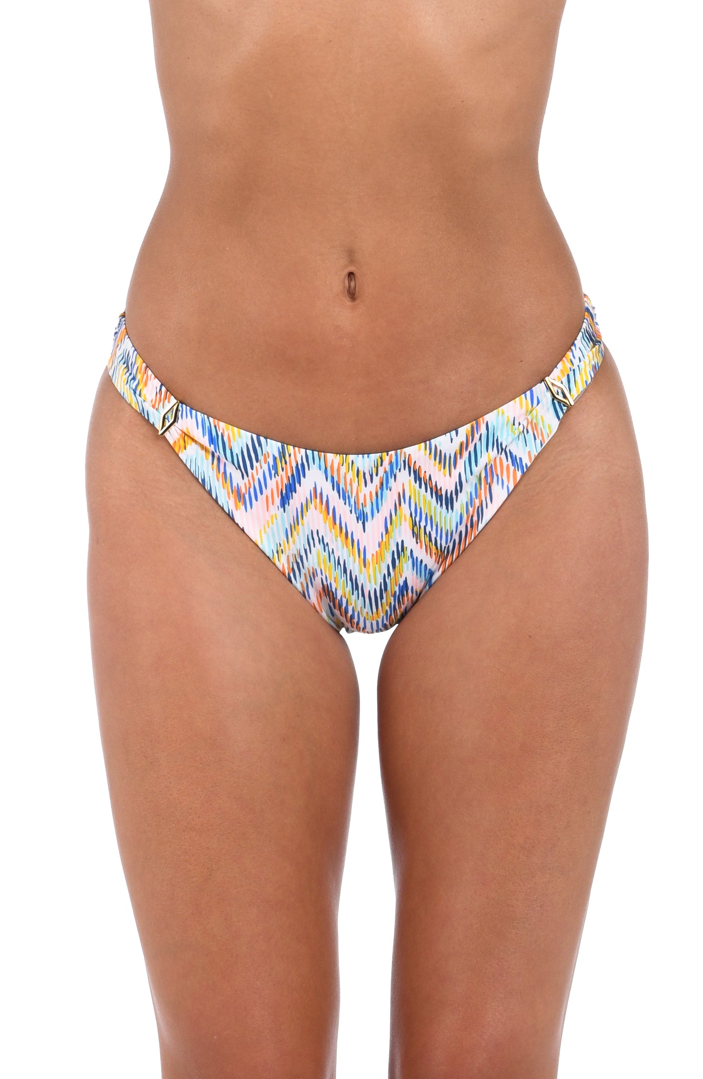 Front image of model wearing the Soul Wave  French Cut Bikini Bottom in white multi colored geometrical print.