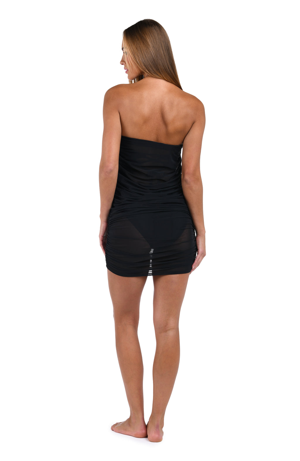 Back image of model wearing the Maximal Mesh Skirt Cover Up in Black.