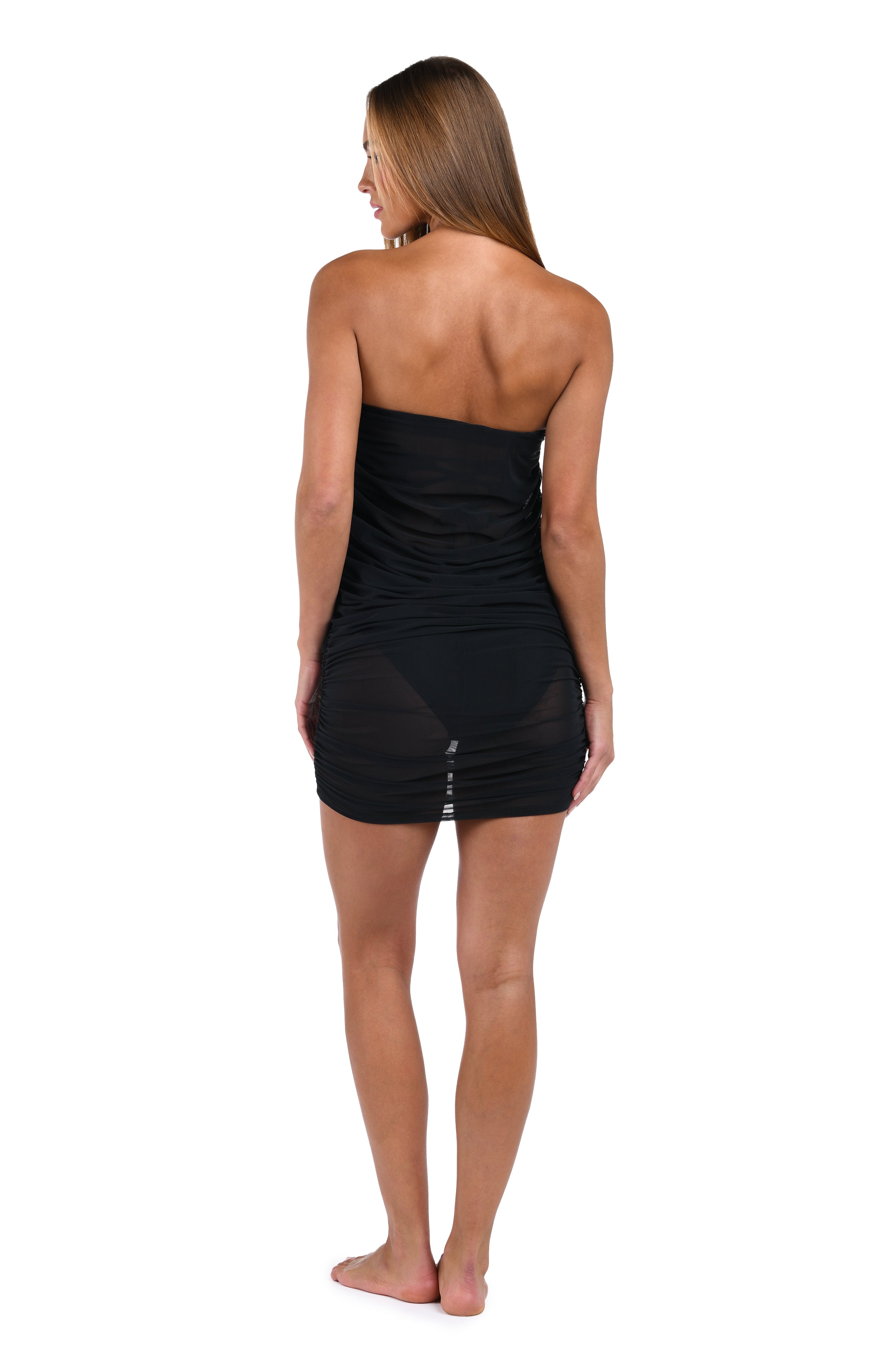 Back image of model wearing the Maximal Mesh Skirt Cover Up in Black.