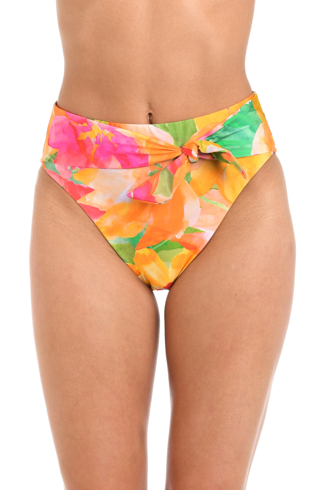Close up front view of model wearing a high waisted bikini swimsuit bottom  showcasing a multicolored floral print and adjustable sash tie. 