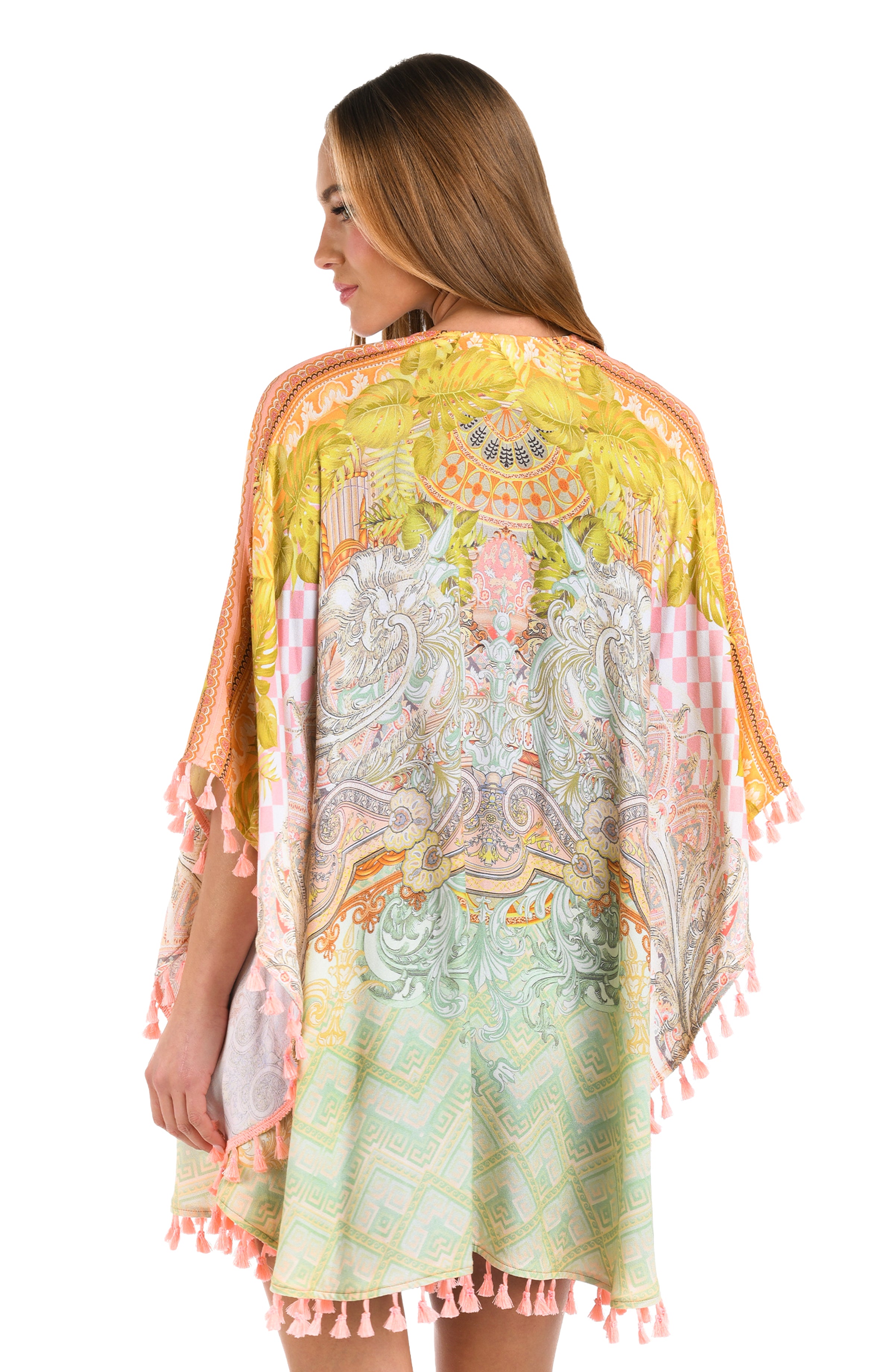 Back image of model wearing a multi-colored yellow and orange patterned kimono cover up trimmed with tassels.