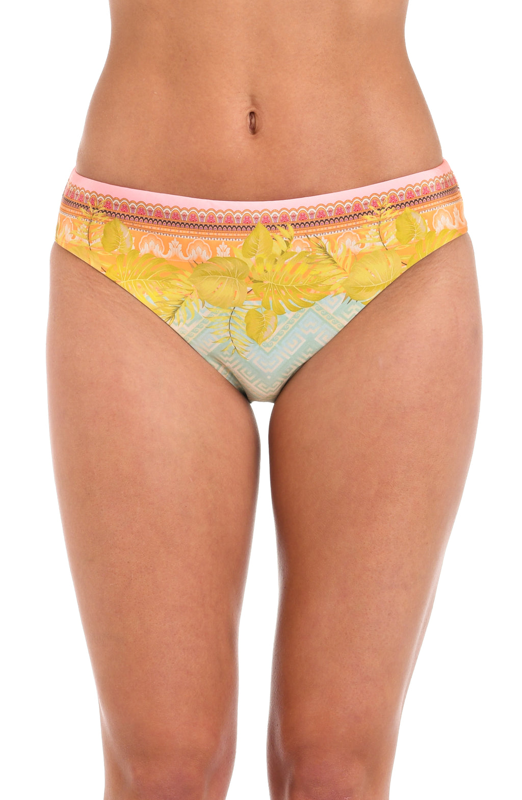 Front image of model wearing a multi-colored pastel yellow, green, and peach patterned hipster bikini swimsuit bottom.