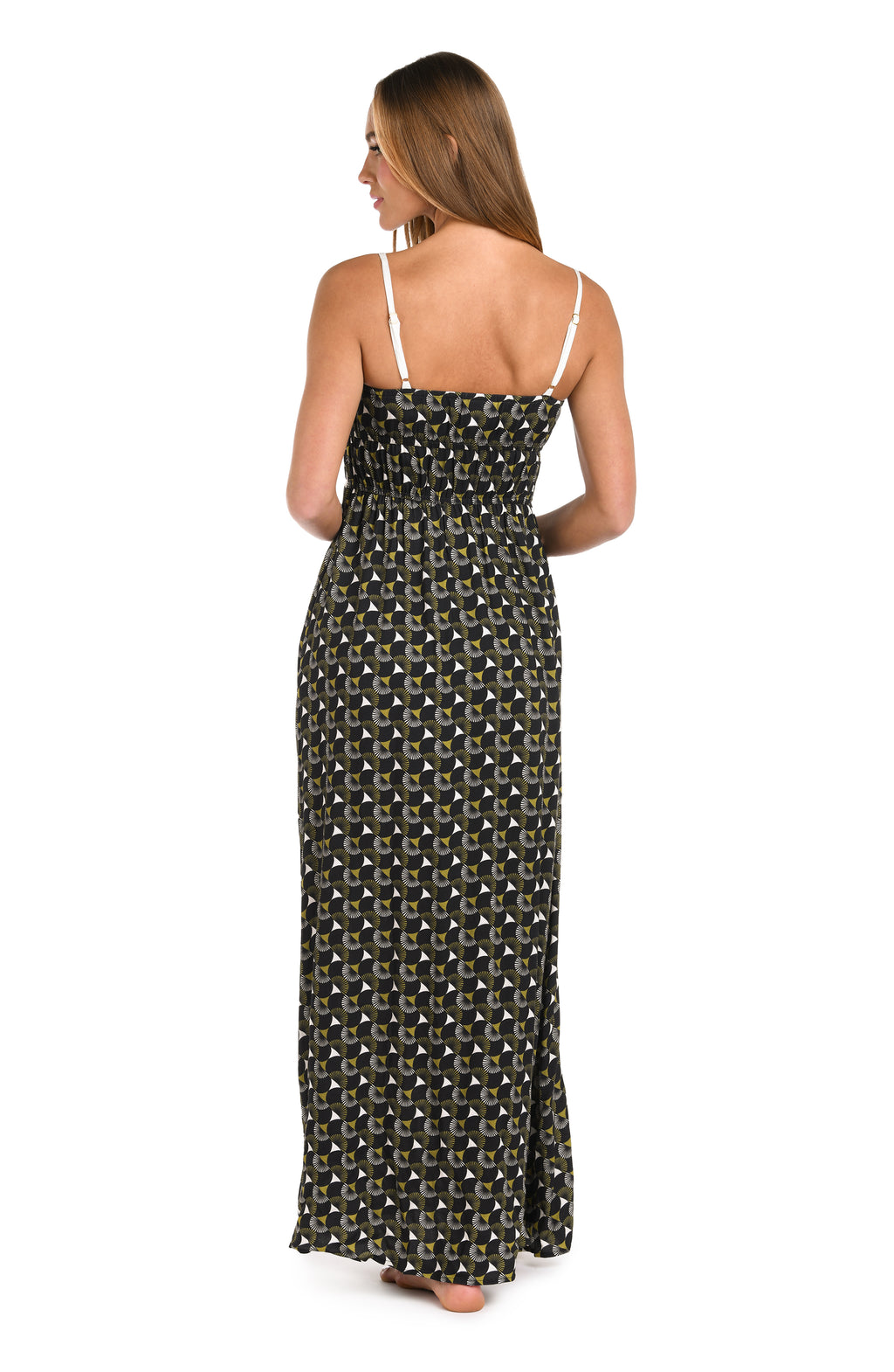 Back image of model wearing a black and white geometric printed maxi dress cover up. 