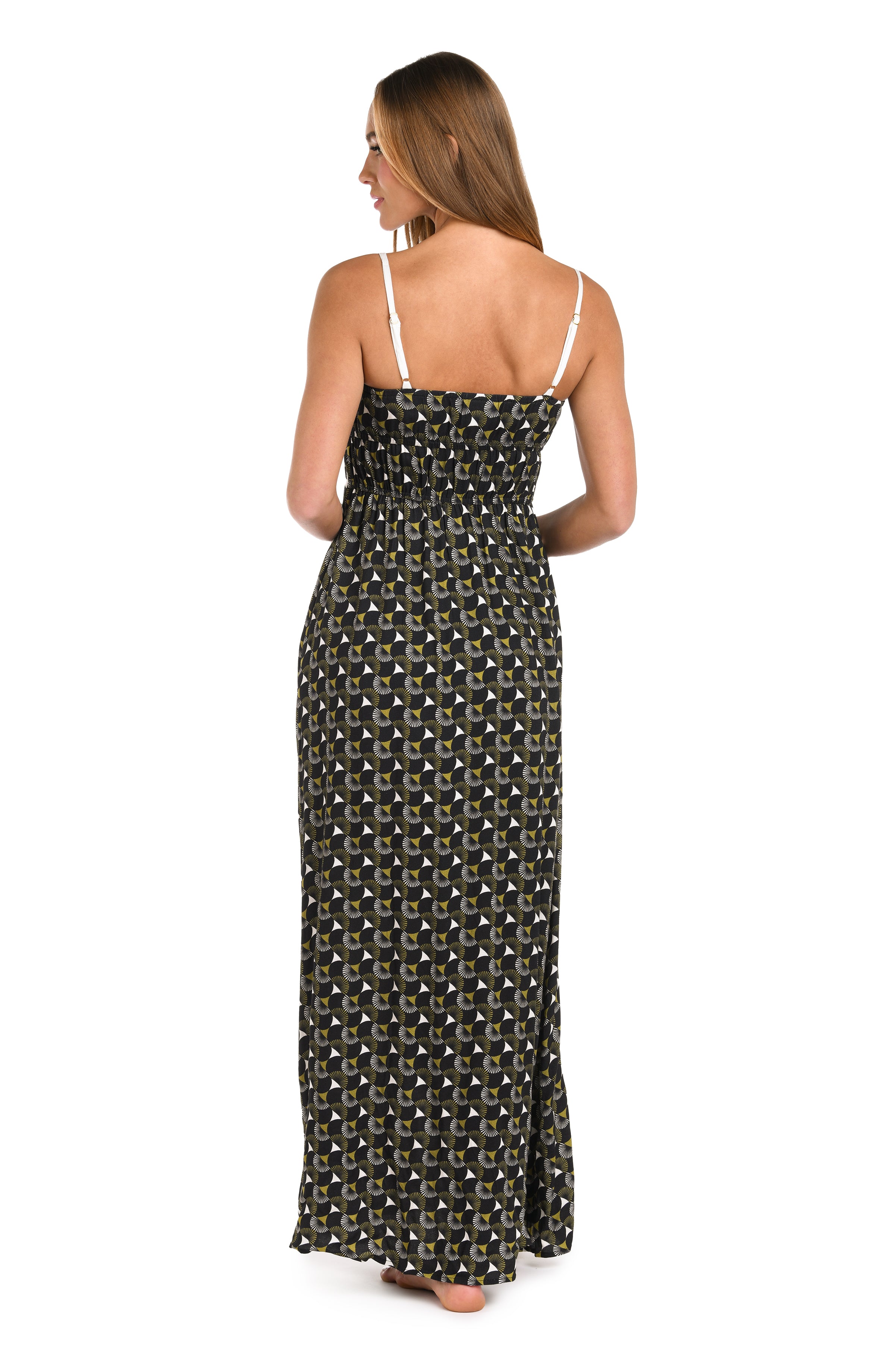 Back image of model wearing a black and white geometric printed maxi dress cover up. 
