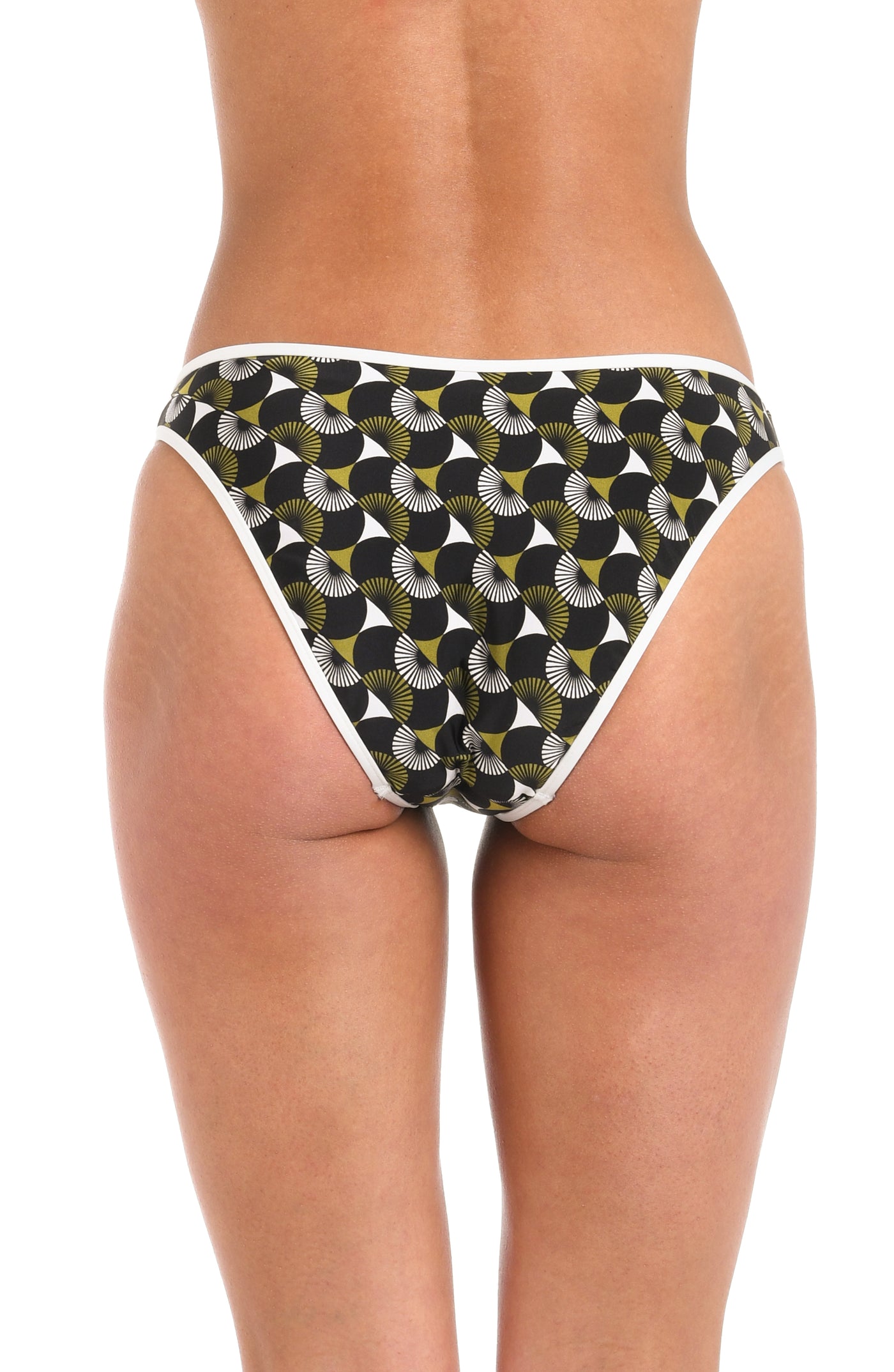 
                  
                    Back image of model wearing a reversible French cut bikini bottom: one side features a solid olive green color with white trim, while the other side showcases a bold black and white geometric print. 
                  
                