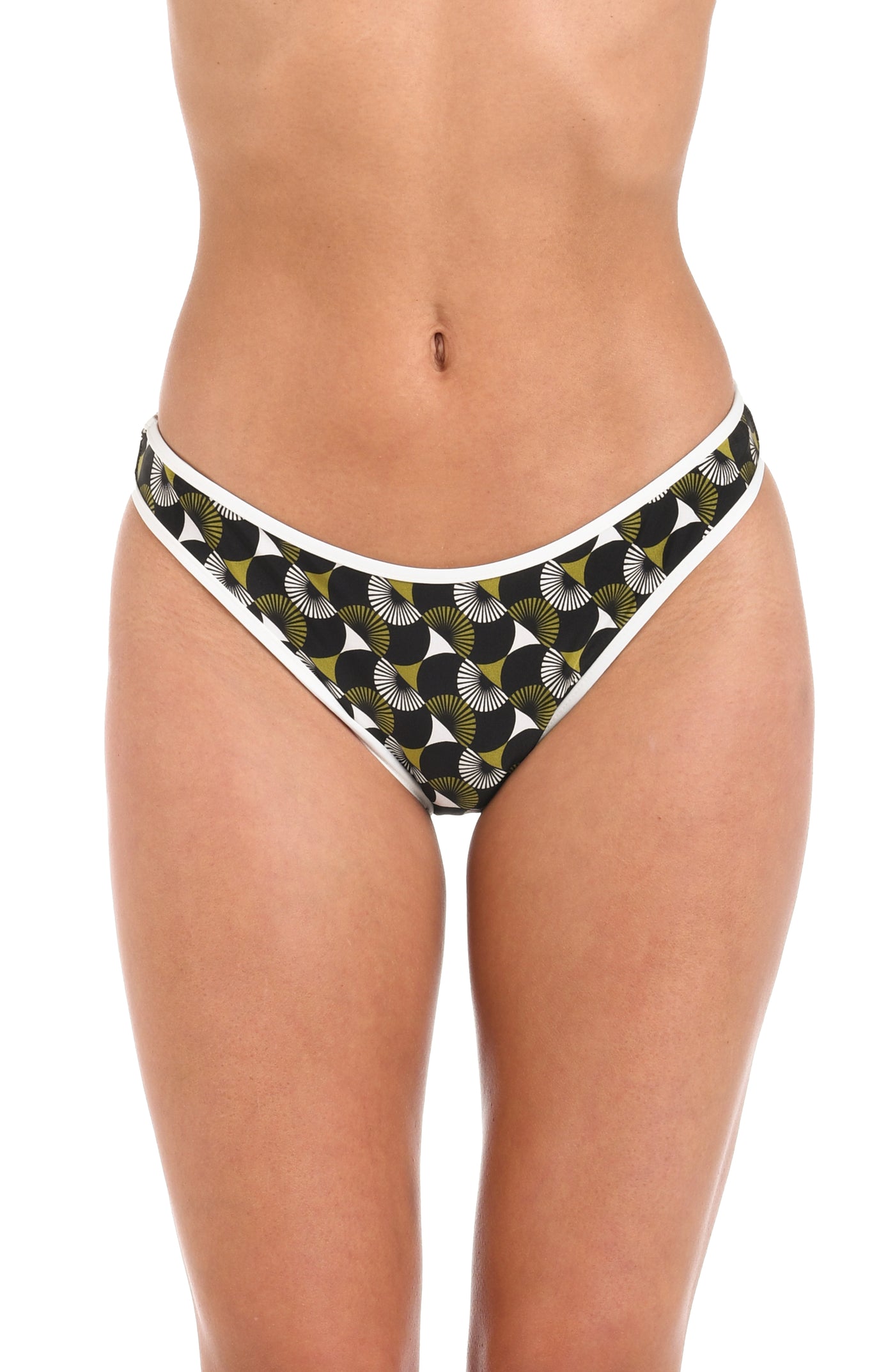 
                  
                    Front image of model wearing a reversible French cut bikini bottom: one side features a solid olive green color with white trim, while the other side showcases a bold black and white geometric print. 
                  
                