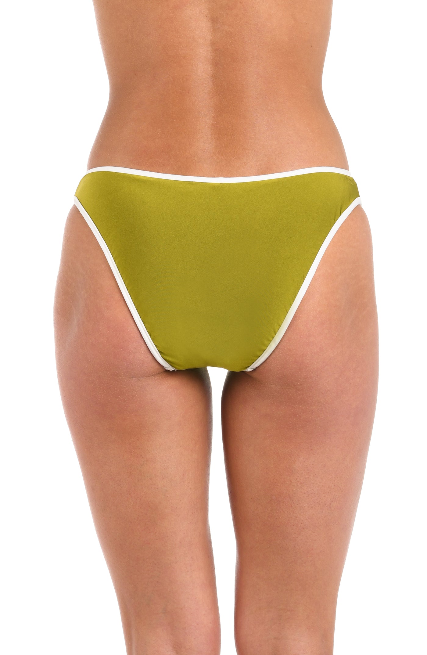 
                  
                    Back image of model wearing a reversible French cut bikini bottom: one side features a solid olive green color with white trim, while the other side showcases a bold black and white geometric print. 
                  
                