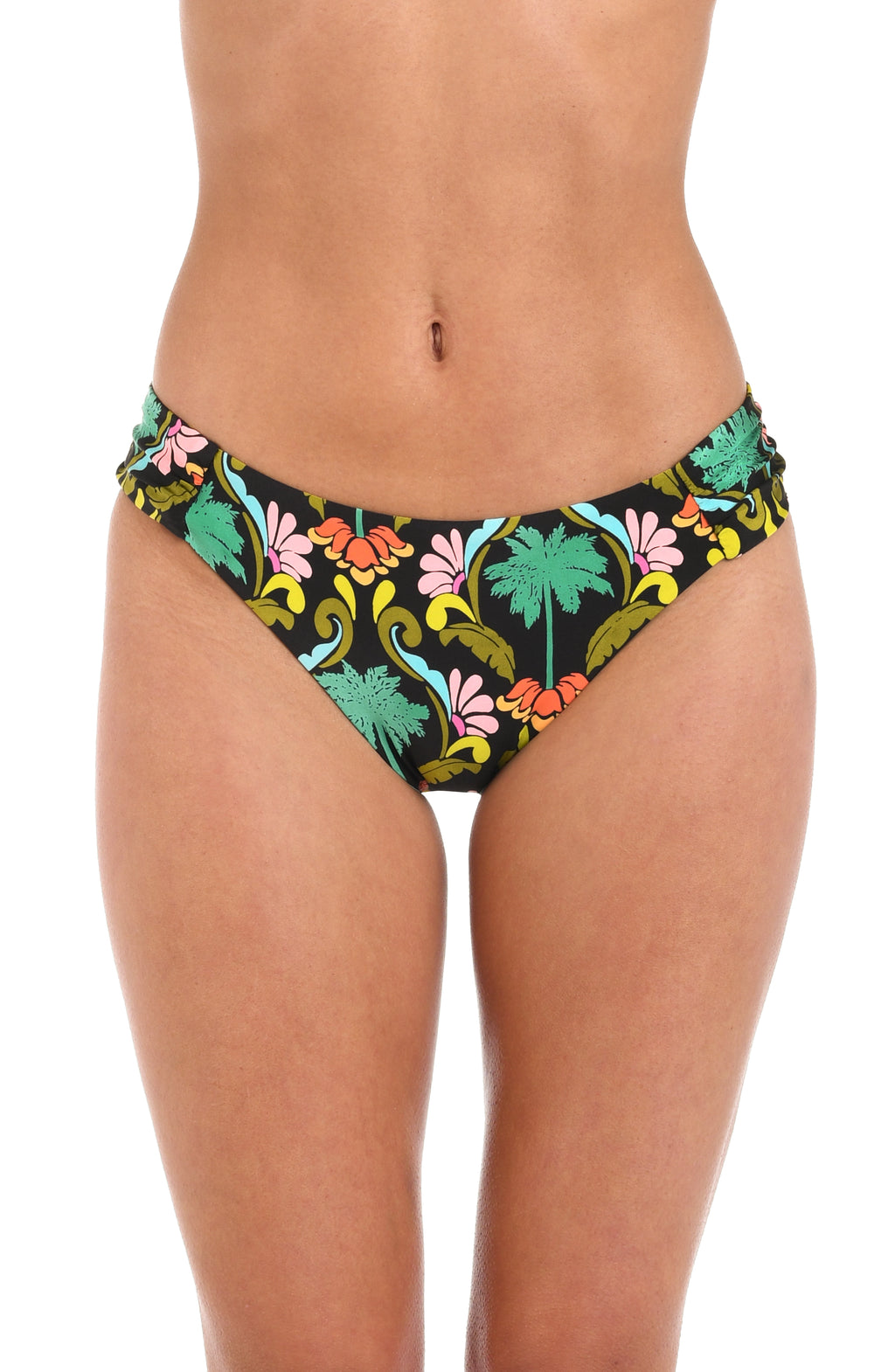Front image of model wearing a multi-colored side shirred hipster bikini bottom with a tropical-inspired design. 