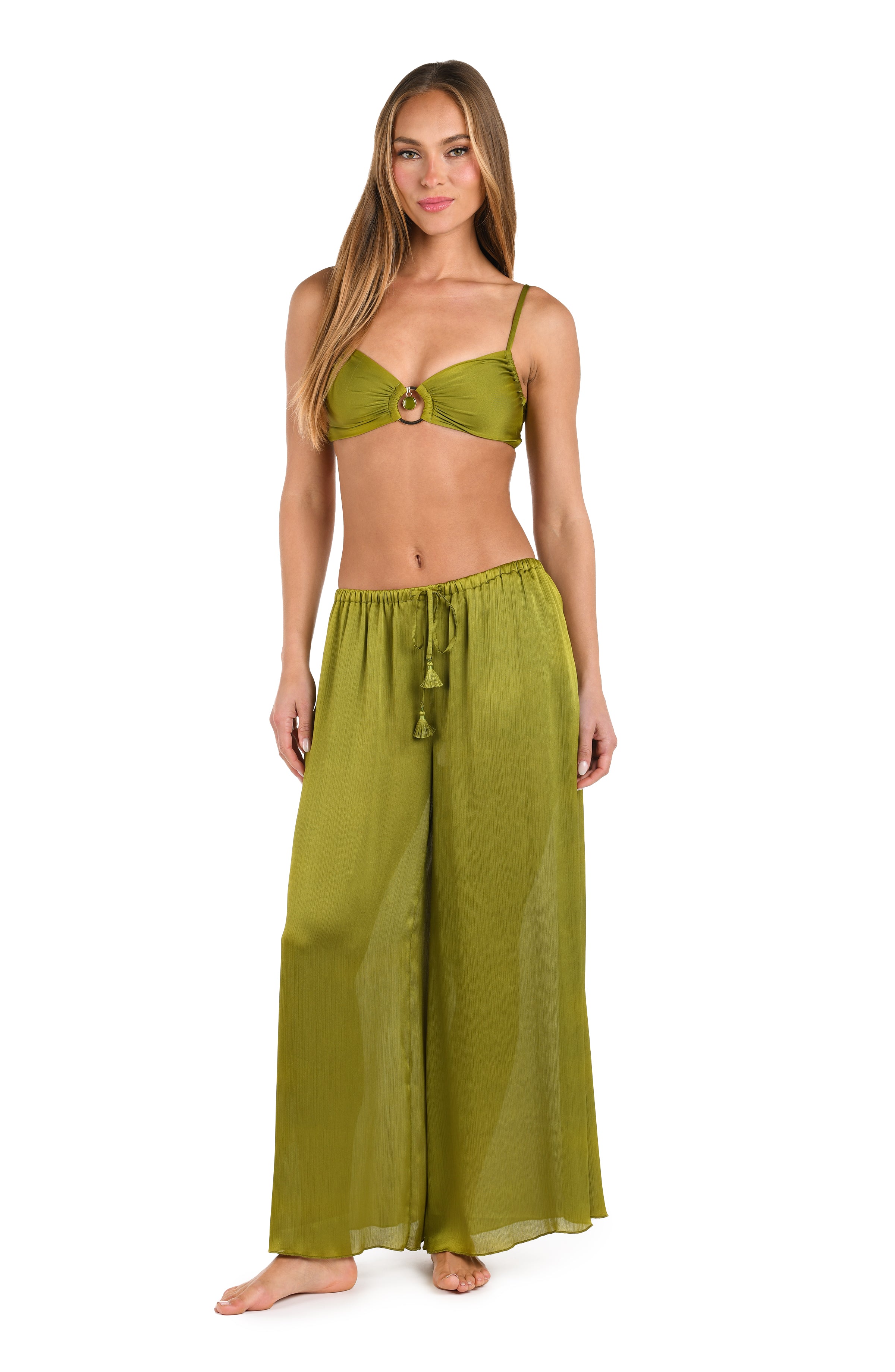 Full body front image of model wearing a solid olive crinkle pant cover up.       