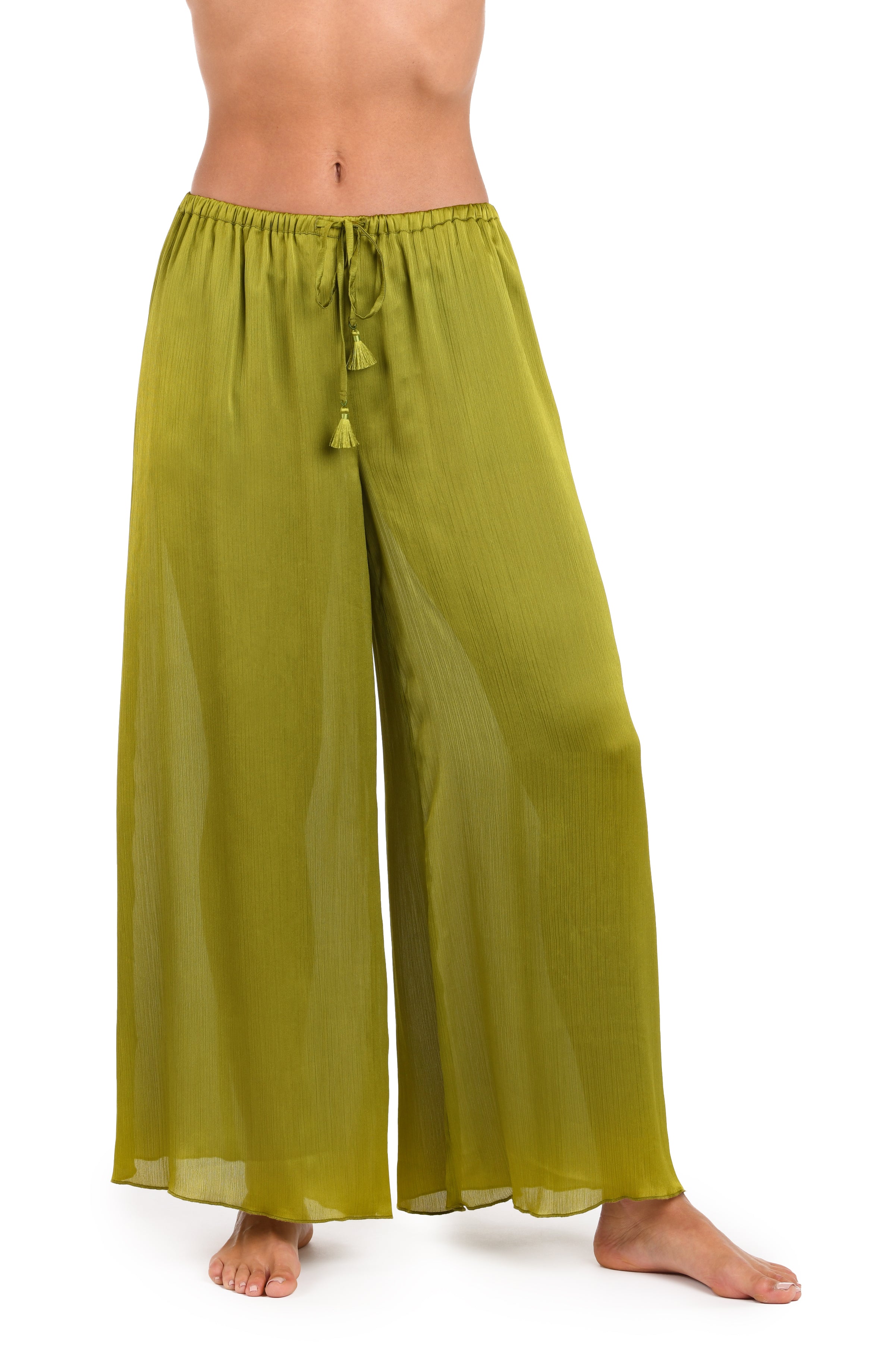 Front image of model wearing a solid olive crinkle pant cover up.       