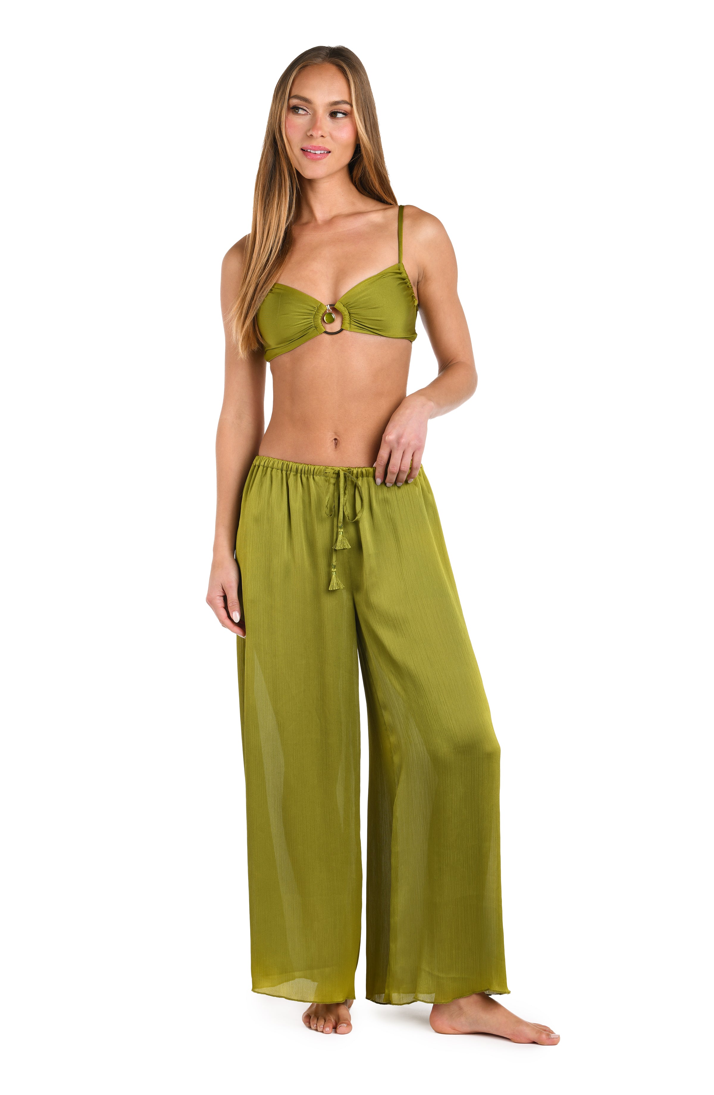 Full body front image of model wearing a solid olive crinkle pant cover up.       