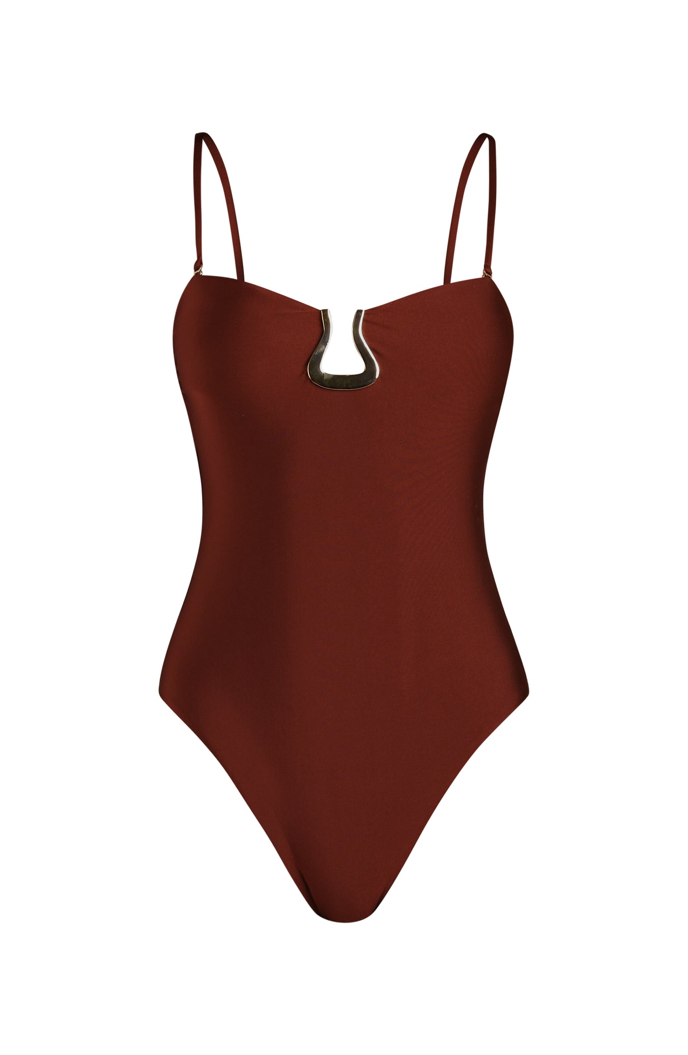
                  
                    Mahogany one-piece swimsuit with thin straps on a white background
                  
                