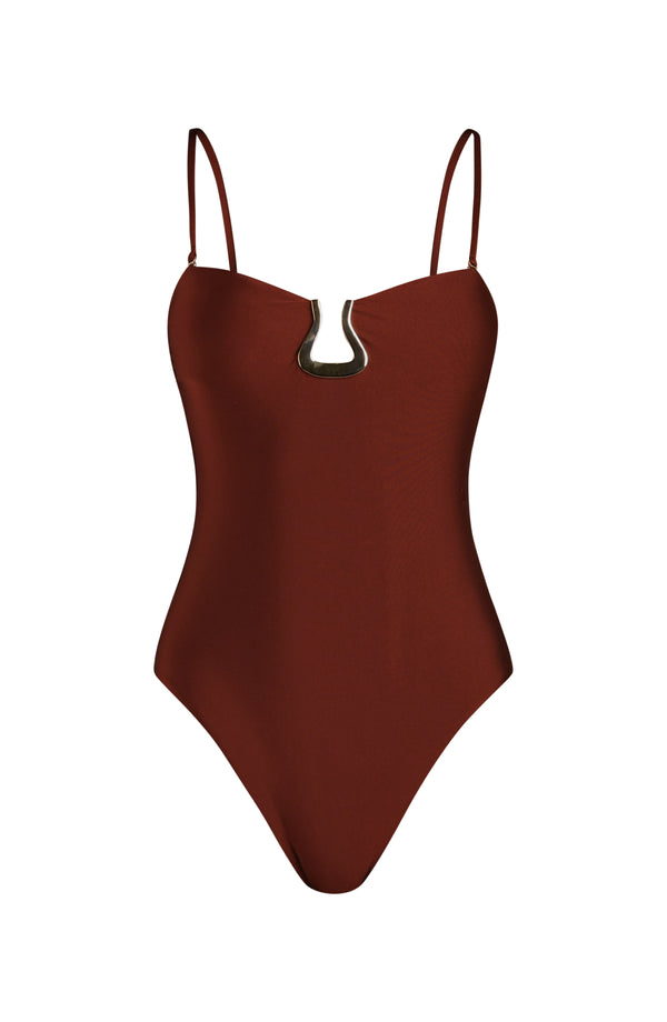 Mahogany one-piece swimsuit with thin straps on a white background
