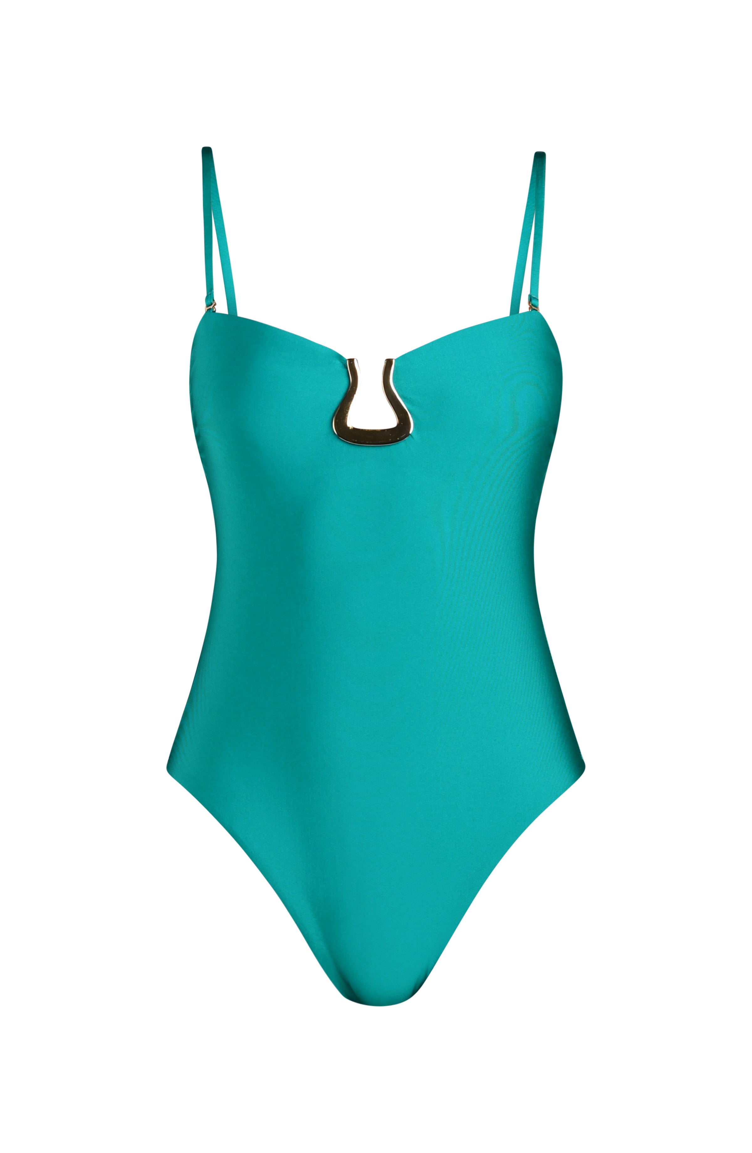 Image of a turquoise swimsuit with a cutout design on a white background