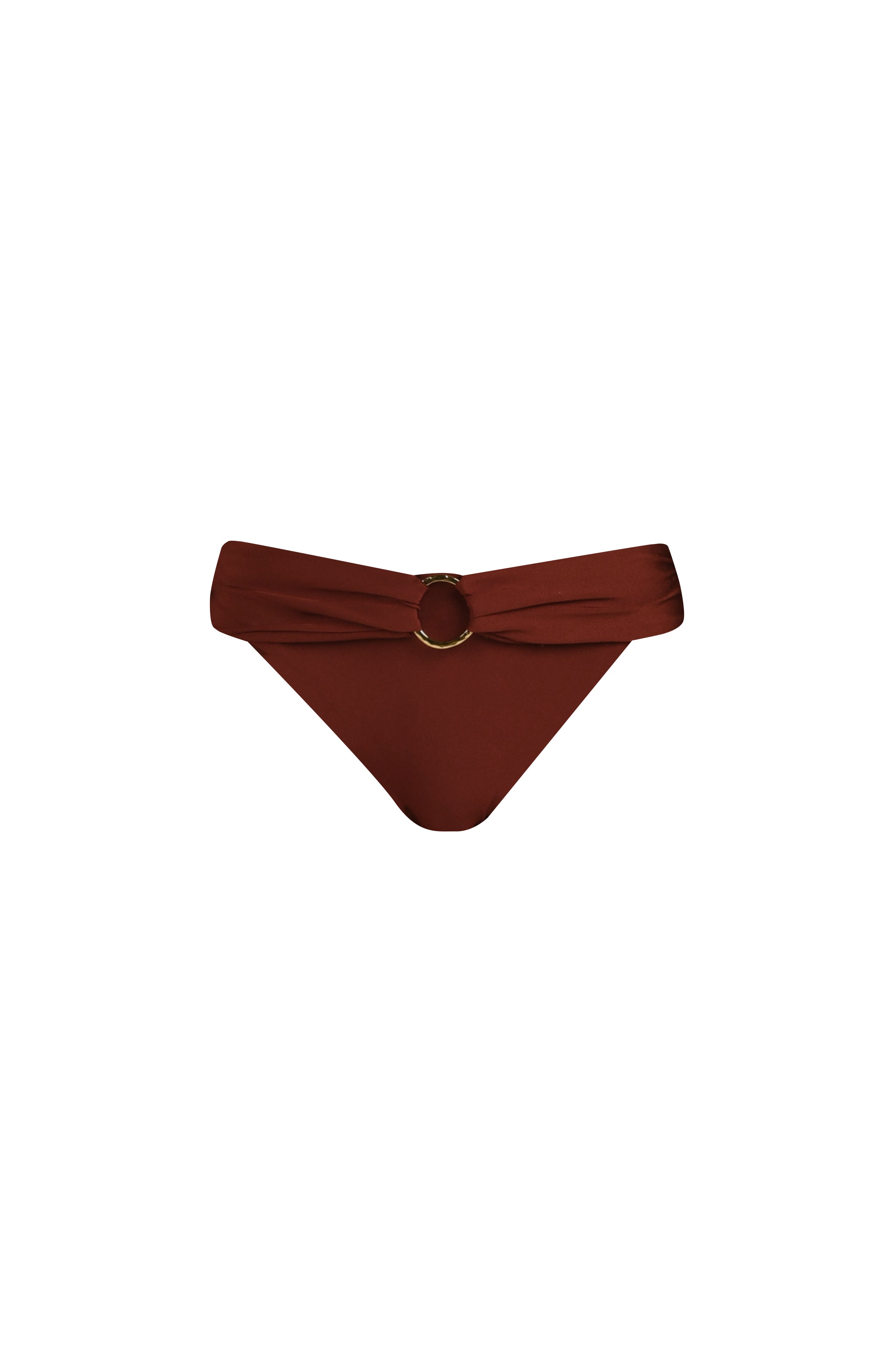 Mahogany bikini bottom with a gold ring on a white background