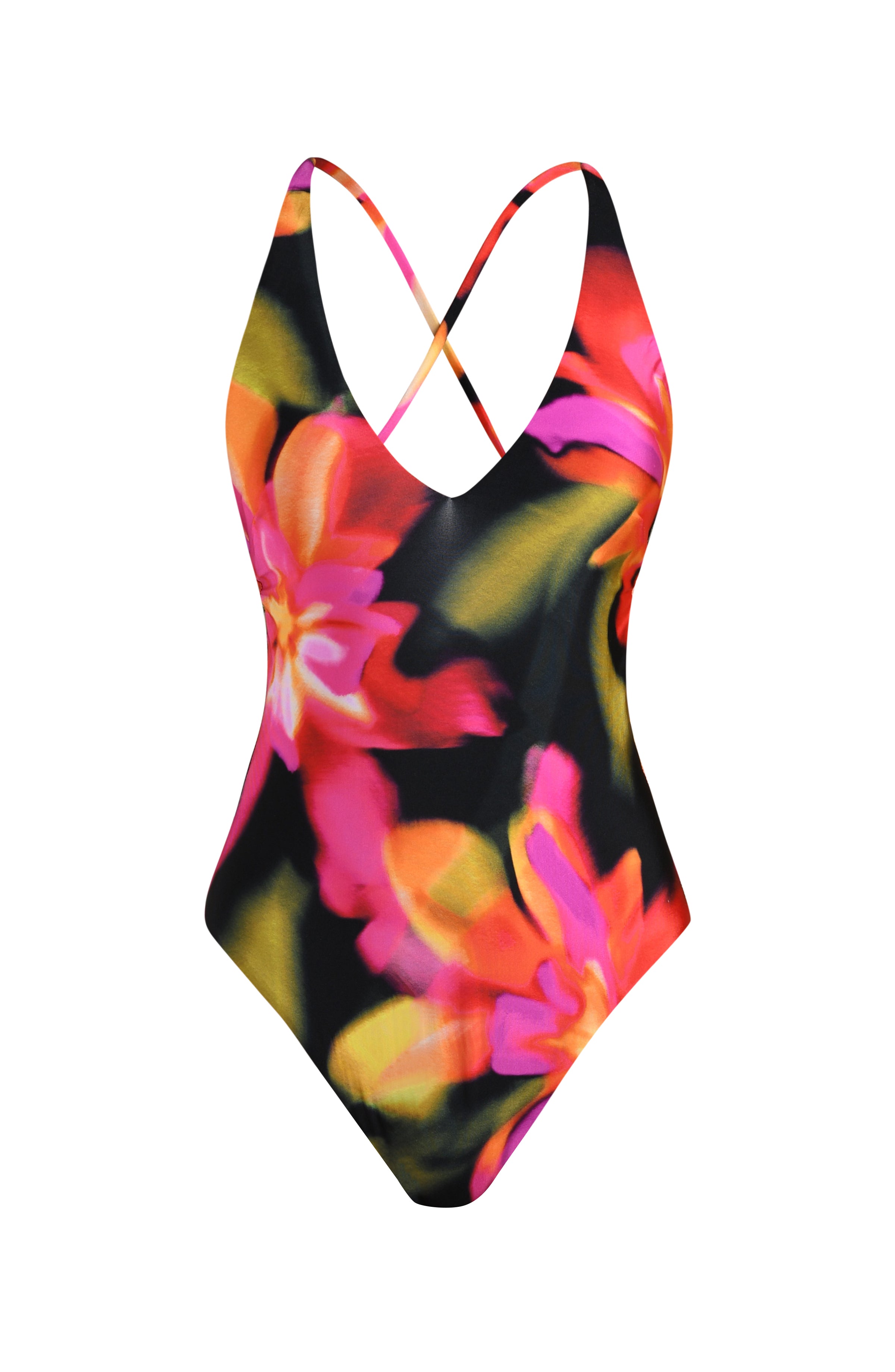Floating image of a one-piece swimsuit with a deep V-neckline, thick shoulder straps, in a multicolored floral print.