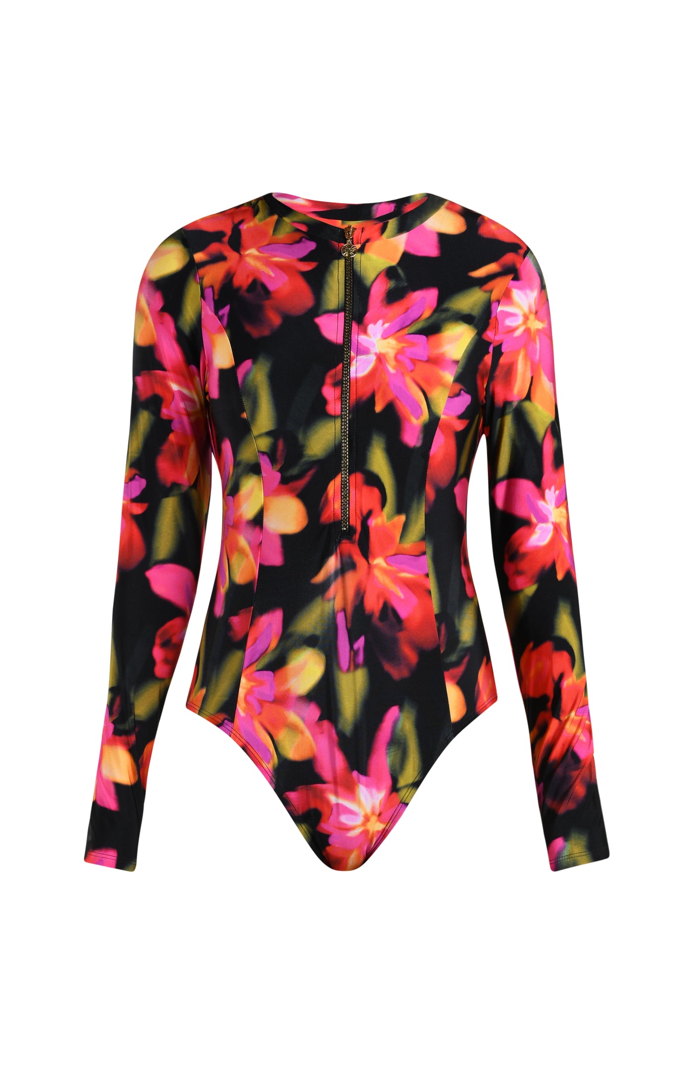 
                  
                    Floating image of a long sleeve paddle suit one piece featuring a zipper front, in a multicolored floral print.
                  
                